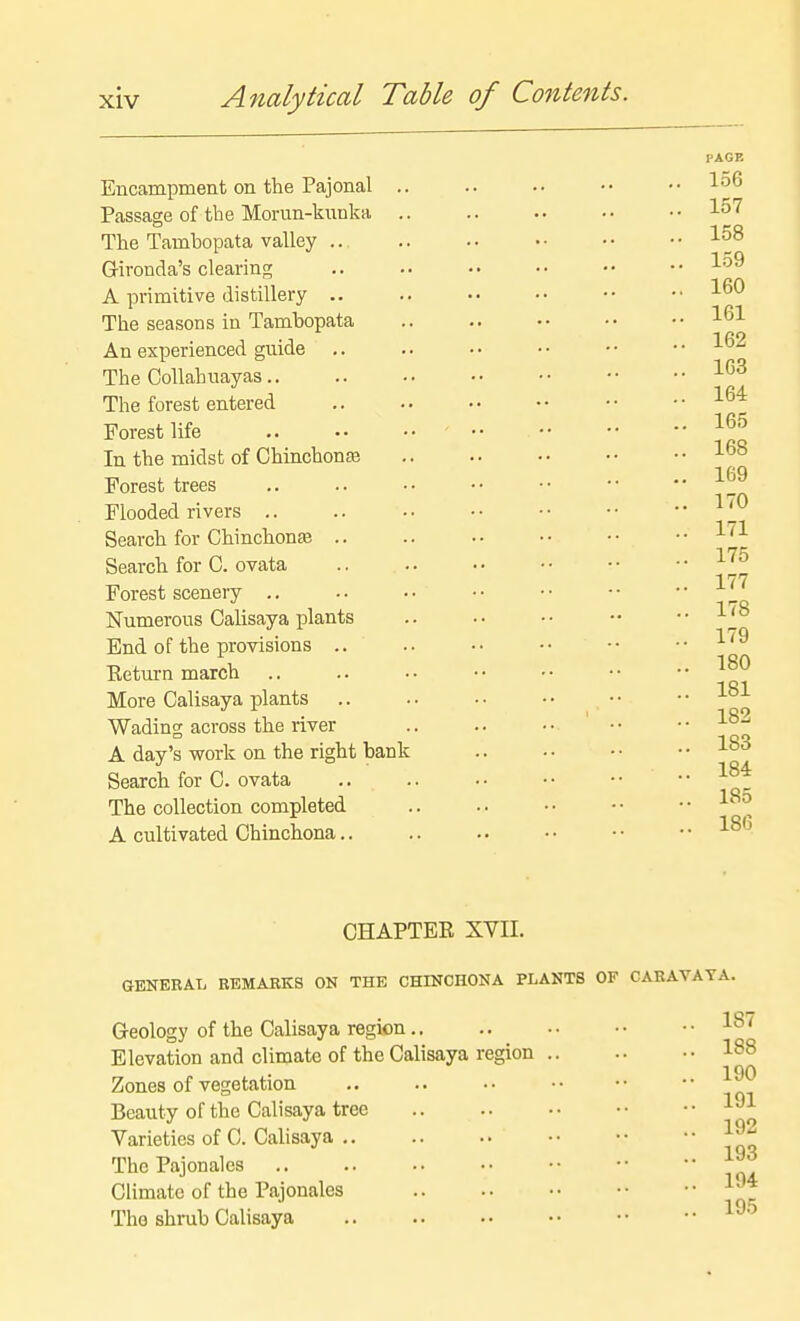 PAGE Encampment on the Pajonal Passage of the Momn-kiinka .. .. .. •• 1^'^ The Tambopata valley .. Grironda's clearing .. .. •■ •• •• •• ^'^^ A primitive distillery The seasons in Tambopata An experienced guide .. The CoUahuayas The forest entered Forest life In the midst of Chinchonffi Forest trees Flooded rivers .. .. •• •• ■• •• •* Search for Chinchona Search for G. ovata ^'^^ 177 Forest scenery .. •• •• •• ••  ' Numerous Calisaya plants .. •• •• •• End of the provisions .. .. •• •• •• •• ■'■^^ Eeturn march More Calisaya plants .. .. • • • • • ■ • • Wading across the river .. .. • • ' • • • • -'-^^ A day's work on the right bank Search for C. ovata The collection completed .. .. •■ •• .. l<^o A cultivated Ohinchona CHAPTEE XVII. GENERAL REMARKS ON THE CHINCHONA PLANTS OF CABAVATA. Geology of the Calisaya region.. Elevation and climate of the Calisaya region Zones of vegetation Beauty of the Calisaya tree Varieties of C. Calisaya ,. The Pajonales Climate of the Pajonales The shrub Calisaya 187 188 190 191 192 193 194 195