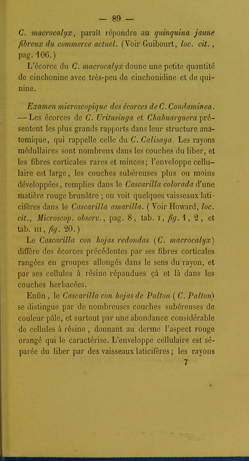 C. macrocalyx, paraît répondre au quinquina jaune fibreux du commerce actuel. (Voir Guibourt, loc. cit., pag. 106.) L'écorce du C. macrocalyx donne une petite quantité de cinchonine avec très-peu de cinchonidine et de qui- nine. Examen microscopique des écorces de C. Condaminea. — Les écorces de C. Uritusinga et Chahuarguera pré- sentent les plus grands rapports dans leur structure ana- tomique, qui rappelle celle du C. Calisaya. Les rayons médullaires sont nombreux dans les couches du liber, et les fibres corticales rares et minces; l'enveloppe cellu- laire est large, les couches subéreuses plus ou moins développées, remplies dans le Cascarilla colorada d'une matière rouge brunâtre ; on voit quelques vaisseaux lati- cifères dans le Cascarilla amarilla. ( Voir Howard, loc. cit., Microscop. observ., pag. 8, tab. i, fig. 1, 2, et tab. m, fig. 20.) Le Cascarilla con hojas redondas (C. macrocalyx) diffère des écorces précédentes par ses fibres corticales rangées en groupes allongés dans le sens du rayon, et par ses cellules à résine répandues çà et là dans les couches herbacées. Enfin, le Cascarilla con hojas de Palton ( C. Palton) se distingue par de nombreuses couches subéreuses de couleur pâle, et surtout par une abondance considérable de cellules à résine , donnant au derme l'aspect rouge orangé qui le caractérise. L'enveloppe cellulaire est sé- parée du liber par des vaisseaux laticifères ; les rayons 7