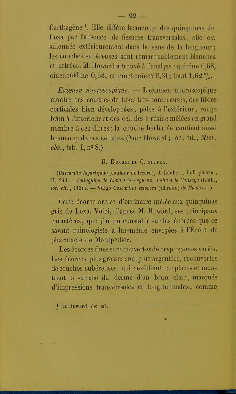 Carthagène \ Elle diffère beaucoup des quinquinas de Loxa par l'absence de fissures transversales; elle est sillonnée extérieurement dans le sens de la longueur ; les couches subéreuses sont remarquablement blanches et lustrées. M.Howard a trouvé à l'analyse : quinine 0,68, cinchonidine 0,63, et cinchonine? 0,31; total 1,62 °/0. Examen microscopique. — L'examen microscopique montre des couches de liber très-nombreuses, des fibres corticales bien développées, pâles à l'extérieur, rouge brtm à l'intérieur et des cellules à résine mêlées en grand nombre à ces fibres ; la couche herbacée contient aussi beaucoup de ces cellules. (Voir Howard ; loc. cit., Micr. obs., tab. I, n° 8.) B. ÉCORCE DU C. STUPEA. (Cascarilla lagartijada (couleur de lézard), deLaubert, Bull.pharm., II, 298. — Quinquina de Linia très-rugueux, imitant le Calisaya (Guib., loc. cit. y 113)?. —Vulgo Cascarilla estoposa (fibreux) de Hualaseo.) Cette écorce arrive d'ordinaire mêlée aux quinquinas gris de Loxa. Voici, d'après M. Howard, ses principaux caractères, que j'ai pu constater sur les écorces que ce savant quinologiste a lui-même envoyées à l'Ecole de pharmacie de Montpellier. Les écorces fines sont couvertes de cryptogames variés. Les écorces plus grosses sont plus argentées, recouvertes découches subéreuses, qui s'exfolient par places et mon- trent la surlace du derme d'un brun clair, marquée d'impressions transversales et longitudinales, comme