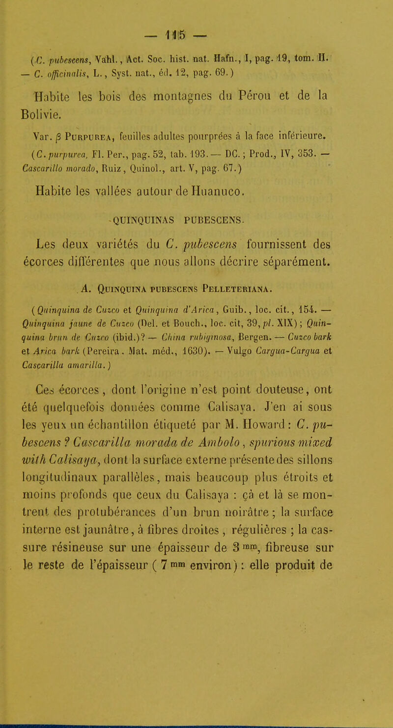 — C. ofjirinnlis, L., Syst. uat., éd. 12, pag. 69.) Habite les bois des montagnes du Pérou et de la Bolivie. Var. p Purpurea, feuilles adultes pourprées à la face inférieure. (C. purpurea, FI. Per., pag. 52, lab. 193.— DG. ; Prod., IV, 353. — Cascanllo morado, Ruiz, Quinol., art. V, pag. 67.) Habite les vallées autour de Huanuco. QUINQUINAS PUBESCENS. Les deux variétés du C. pubescens fournissent des éçorces différentes que nous allons décrire séparément. A. Quinquina pubescens Pelleteriana. (Quinquina de Cuzco et Quinquina d'Arica, Guib., loc. cit., 154. — Quinquina jaune de Cuzco (fiel, et Bouch., loc. cit, 39, pl. XIX) ; Quin- quina brun de Cuzco (ibid.)? — China rubit/inosa, Bergen. — Cuzco bark et Arica bark (Pereira. Mat. méd., 1630). — Vulgo Cargua-Cargua et Cascarilla amarilla.) Ces écorces, dont l'origine n'est point douteuse, ont été quelquefois données comme Galisaya. J'en ai sous les yeux un échantillon étiqueté par M. Howard : C. pu- bescens ? Cascarilla morada de Ambolo, spurious mixed wifhCalisaya, dont la surface externe présente des sillons longitudinaux parallèles, mais beaucoup plus étroits et moins profonds que ceux du Calisaya : çà et là se mon- trent des protubérances d'un brun noirâtre; la surface interne est jaunâlre, à fibres droites , régulières ; la cas- sure résineuse sur une épaisseur de 3 mm, fibreuse sur le reste de l'épaisseur ( 7mH1 environ ) : elle produit de