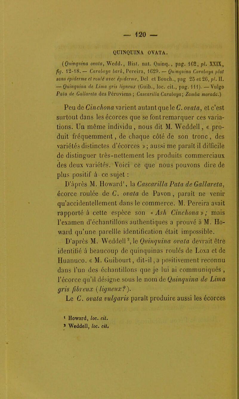 QUINQUINA OVATA. (Quinquina ovala, Wedd., Ilist. nat. Quinq., pag. 162, pl. XXIX, fig. 12-18.— Carabaya bai h, Pereira, 1629. — Quinquina Carabnya plat sans épidémie et roulé avec épidémie, Del et Bouch., pag 25 et 26, ;>'. II. — Quinquina de Lima gris ligneux (Guib., loc. cit., pag. 111). — Vulgo Pala de Gallareta des Péruviens ; Cascarilla Carabaya; Zamba morada.) Peu de Cinchona varient autant que le C. ovala, et c'est surtout dans les écorces que se font remarquer ces varia- tions. Un même individu , nous dit M. Weddell, « pro- duit fréquemment, de chaque côté de son tronc , des variétés distinctes d'écorces »; aussi me paraît il difficile de distinguer très-nettement les produits commerciaux des deux variétés. Voici ce que nous pouvons dire de plus positif à ce sujet : D'après M. Howard', la Cascarilla Pat a de Gallareta, écorce roulée de C. ovala de Pavon, paraît ne venir qu'accidentellement dans le commerce. M. Pereira avait rapporté à cette espèce son « Ash Cinchona»; mais l'examen d'échantillons authentiques a prouvé à M. Ho- ward qu'une pareille identification était impossible. D'après M. Weddell2,le Quinquina ovata devrait être identifié à beaucoup de quinquinas roulés de Loxa et de Huanuco. « M. Guibourt, dit-il,a positivement reconnu dans l'un des échantillons que je lui ai communiqués , l'écorce qu'il désigne sous le nom de Quinquina de Lima gris fibreux (ligneux?). Le C. ovata vulgaris paraît produire aussi les écorces 1 Howard, loc. cit. * Weddell, loc. cxU