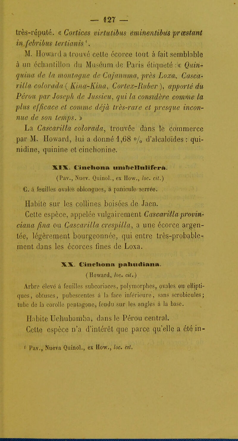 très-réputé. « Cortices virtutibus eminentibus prœstant in febribus tertianis1. M. Howard a trouvé cette écorce tout à fait semblable à un échantillon du Muséum de Paris étiqueté :k Quin- quina de la moiittiijnc de Cajunuuia, près Loxa< Casca- rilla co/oruda (Kina-Kina, Cortex-Ruber), apporté du Pérou par Joseph de Jussieu, qui la considère comme la plus efficace et comme déjà très-rare et presque incon- nue de son temps. » La Cascarilla colorada, trouvée dans le commerce par M. Howard, lui a donné 1,68 % d'alcaloïdes : qui- nidine, quinine et cinchonine. XIX. Cincliona iimnellnlifera. (Pav., Nuev. Quinol., ex IIow., loc. cit.) C. à feuilles ovales oblongues, à panioule serrée. Habite sur les collines boisées de Jaen. Cette espèce, appelée vulgairement Cascarilla provin- ciana fina ou Cascarilla crespilla, a une écorce argen- tée, légèrement bourgeonnée, qui entre très-probable- ment dans les écorces fines de Loxa. XX Cincliona palimliana. ( Howard, loc. cil. ) Arbre élevé à feuilles subcoriaces, polymorphes, ovales ou ellipti- ques, obluses, pubescentes à la face inférieure, sans scrobicules; tube de la corolle pentagone, fendu sur les angles à la base. Habite Uchubaniba, dans le Pérou central. Cette espèce n'a d'intérêt que parce qu'elle a été in— 1 Pav., Nueva Quinol., ex How., loc. ctt.