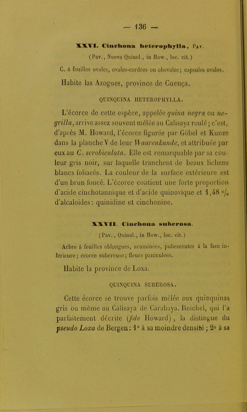 I. Cinchona heterophylla, Pav. (Pav., Nueva Quino)., in How., loc. cit.) C. à feuilles ovales, ovales-cordées ou obovales; capsules ovales. Habite las Azogues, province de Cuença. QUINQUINA HETEROPI1YLLA. L'écorce de cette espèce, appelée quina negra ou ne- grilla, arrive assez souvent mêlée au Calisaya roulé; c'est, d'après M. Howard, l'écorce figurée par Gobel et Kunze dans la planche V de leur Waareiikunde, et attribuée par eux au C. scrobiculala. Elle est remarquable par sa cou- leur gris noir, sur laquelle tranchent de beaux lichens blancs foliacés. La couleur de la surface extérieure est d'un brun foncé. L'écorce contient une forte proportion d'acide cincholannique et d'acide quinovique et 4,48 °/0 d'alcaloïdes: quinidine et cinchonine. XXVII. Cinchona sunerosa. (Pav., Quinol., in How., loc. cit.) Arbre à feuilles oblongues, acuminëes, pubescentes à la face in- férieure; écorce subéreuse; fleurs paniculees. Habite la province de Loxa. QUINQUINA SUBEROSA. Cette écorce se trouve parfois mêlée aux quinquinas gris ou même au Calisaya de Carabuya. Reichel, qui l'a parfaitement décrite (fide Howard) , la dislingue du pseudo Loxa de Bergen: 1° à sa moindre densité ; 2° à sa