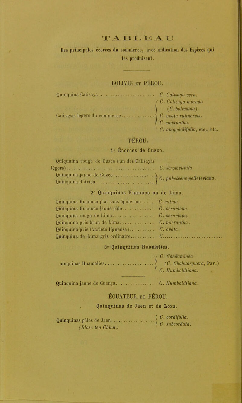X ABL EAU Des principales écorees du commerce, avec iudicution des Espèces qui les produisent. BOLIVIE et PEROU. Quinquina Calisaya . C. Calisaya vera. I C. Calisaya morada \ (C.boliviana). Calisayas légers du commerce \ C. ovata rufmervis. ! C. micrantha. 1 C. amygdalifolia, etc., etc. PÉROU. 4° Écorces de Cuzco. Quiquuina rouge de Cuzco (un des Calisayas légers) , C. scrobicuMa. Quinquina jai.ne de Cuzco ) „ > G. pubescens pellelenana. Quinquina d Anca ) 2° Quinquinas Huanuco ou de Lima. Quinquina Huanuco plat sans épidémie..... C. niiida. Quinquina Huanuco jaune pâle C. peruviana. Quinquina rouge de Lima C. peruviana. Quinquina gris brun de Lima .... C. micranlha. Quinquina gris (variété ligneuse) C. ovata. Quinquina do Lima gris ordinaire C 3° Quinquinas HuaniBlies. !< G. Condaminea (C. Chahuarguera, Pav.) C. Humboldtiana. Quinquina jaune de Cuença C. Humboldtiana. EQUATEUR et PÉROU. Quinquinas de Jaen et de Loxa. C. cordifolia. Quinquinas pâles de Jaen. .. (Blase ien China.) C. subcorda (a.