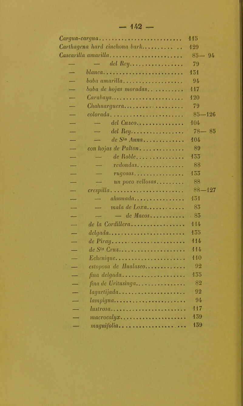 Cargua-cargua 115 Carihagena hard cinchona barh 129 Cascarilla amarilla 85— 94 — — del Rey 79 — blanca 151 — boba amarilla 94 — boba de hojas moradas 417 — Carabaya 120 — Chahuarguera - 79 — colorada 8b—126 — — del Cuzco 104 — — del Rey 78— 85 — — de Sla Anna 104 — con hojas de Vallon 89 — — de Roble 133 — — redondas 88 — — niçjosas 153 — — un poco vellosas 88 — crespilla 88—127 — — ahnmada 131 — — mala de Loxa , 83 — — — de Macos 85 — de la Cordillera 114 — delcjada.... . 155 — de Piray 114 — deStaCruz 114 — Echcnique. 110 — esloposa de Hualaseo 92 — fina delgada 455 — fina de Urilusinga 82 — lagarlijada 92 — lampigna 94 — lustrosa 117 — macrocalyx 159 — magnifolia ... 159