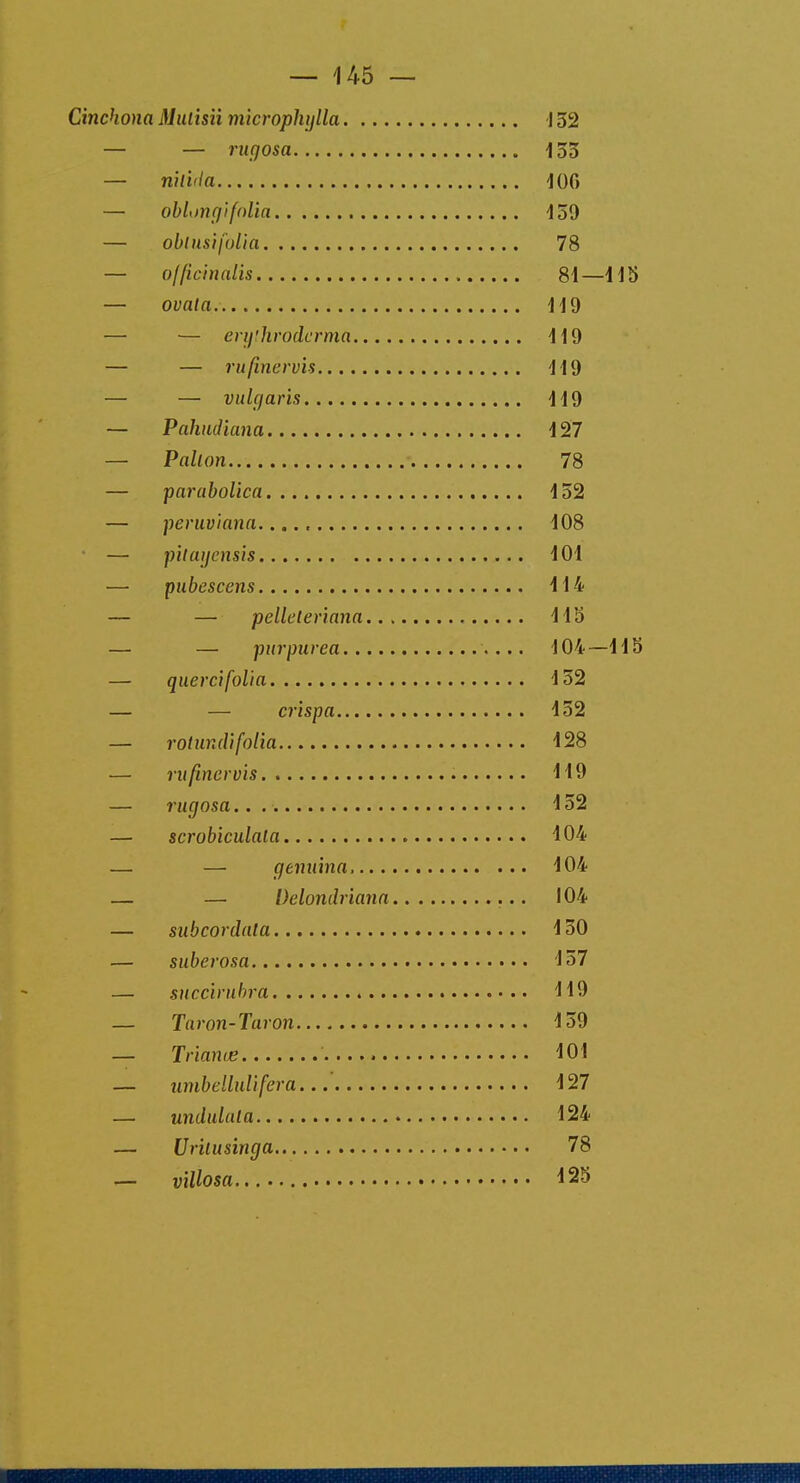 Cinchona Mulisii microphylla 152 — — rugosa 135 — n'aida 100 — obLmgi folia 459 — obtus} folia 78 officinalis 81—115 — ovala 119 — — erythrodcrma 119 — — rufinérvis 119 — — vulgaris 119 — Pahudiana 127 — Palion 78 — parabolica 152 — peruv'iana. 108 — pilayensis 101 — pubescens 114 — — pelleteriana 115 — — purpurea 104—115 — que r ci folia 152 — — crispa 152 — rotundifolia 128 — rufinérvis. 119 — rugosa.. . 152 — scrobiculala 104 — — genuina, 104 — — Delondriana 104 — subcordala 150 — suberosa 157 — succirubra 119 — Taron-Taron 159 — Triante 101 — umbelhdifera 127 — undulala 124 — Uriiusinga 78 — villosa 425