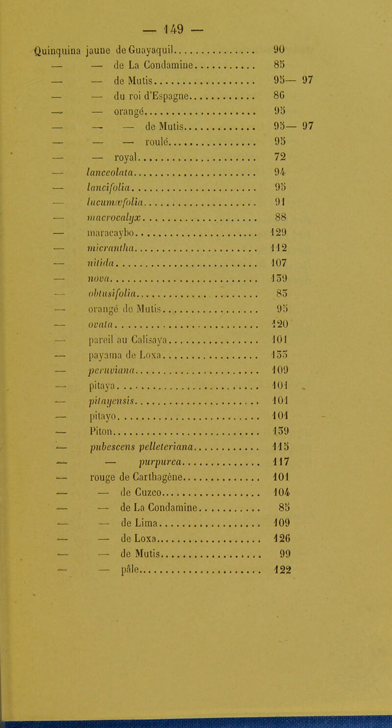 Quinquina jaune de Guayaquil 90 — — de La Condaraine 85 — — de Mutis 95— 97 — — du roi d'Espagne 80 — — orangé 95 _ _ do Mutis 95— 97 — — — roulé 95 — — royal 72 — lanceolata 94 — lancifolia 95 — lucumtefolia 91 — macrocalijx 88 — maracaybo '129 — micrarttha 412 — nilida 107 — nova 159 obtusifolia 85 — orangé do Mutis 95 — ovala 120 pareil au Calisaya 101 — payama de Loxa 155 peruviana , 409 —• pitaya 101 ■— pilayensis 401 — pitayo 104 — Piton 459 — pubescens pelleteriana 445 — — purpurea 417 — rouge de Carthagène 401 — — de Cuzco... * 104 — — de La Condamine 85 — de Lima 409 — — de Loxa 426 — de Mutis 99 — — pâle 422