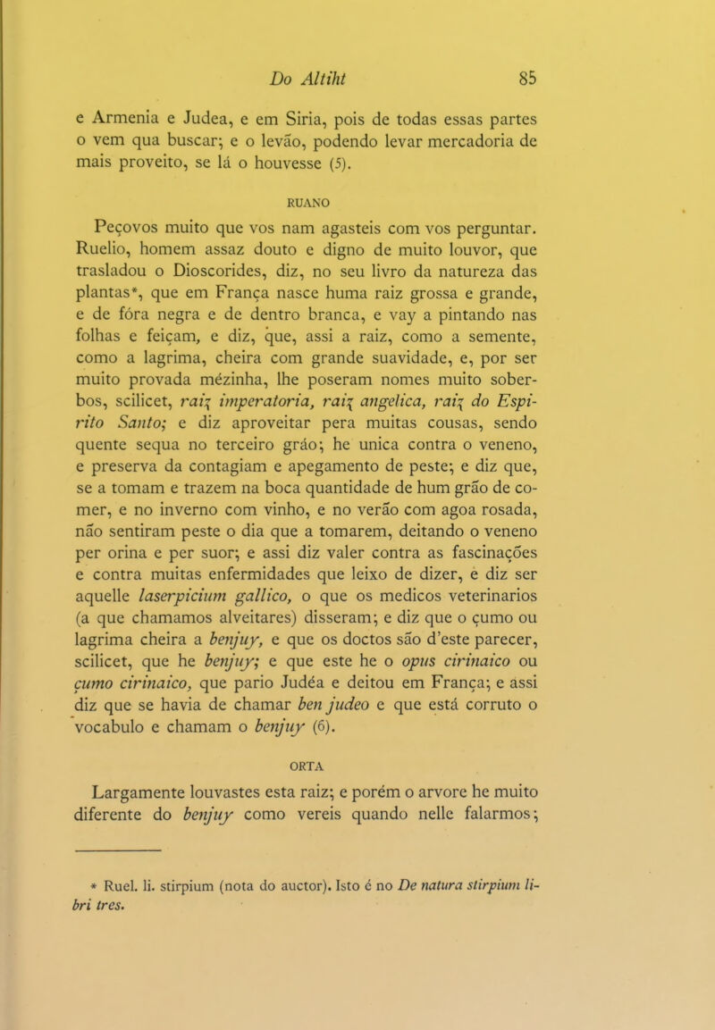 e Armênia e Judea, e em Siria, pois de todas essas partes o vem qua buscar; e o leváo, podendo levar mercadoria de mais proveito, se lá o houvesse (5). RUANO Peçovos muito que vos nam agasteis com vos perguntar. Ruelio, homem assaz douto e digno de muito louvor, que trasladou o Dioscórides, diz, no seu livro da natureza das plantas*, que em França nasce huma raiz grossa e grande, e de fóra negra e de dentro branca, e vay a pintando nas folhas e feiçam, e diz, que, assi a raiz, como a semente, como a lagrima, cheira com grande suavidade, e, por ser muito provada mézinha, lhe poseram nomes muito sober- bos, scilicet, raq imperatoria, rai^ angélica, rai:{ do Espi- rito Santo; e diz aproveitar pera muitas cousas, sendo quente sequa no terceiro gráo; he única contra o veneno, e preserva da contagiam e apegamento de peste*, e diz que, se a tomam e trazem na boca quantidade de hum grão de co- mer, e no inverno com vinho, e no verão com agoa rosada, não sentiram peste o dia que a tomarem, deitando o veneno per orina e per suor; e assi diz valer contra as fascinações e contra muitas enfermidades que leixo de dizer, e diz ser aquelle laserpicium gallico, o que os médicos veterinários (a que chamamos alveitares) disseram; e diz que o çumo ou lagrima cheira a benjuy, e que os doctos são d'este parecer, scilicet, que he benjuy; e que este he o opus cirinaico ou çumo cirinaico, que pario Judéa e deitou em França; e assi diz que se havia de chamar ben judeo e que está corruto o vocábulo e chamam o benjuf (6). ORTA Largamente louvastes esta raiz; e porém o arvore he muito diferente do benjtiy como vereis quando nelle falarmos; * Ruel. li. stirpium (nota do auctor). Isto é no De natura stirpium li~ bri tres.