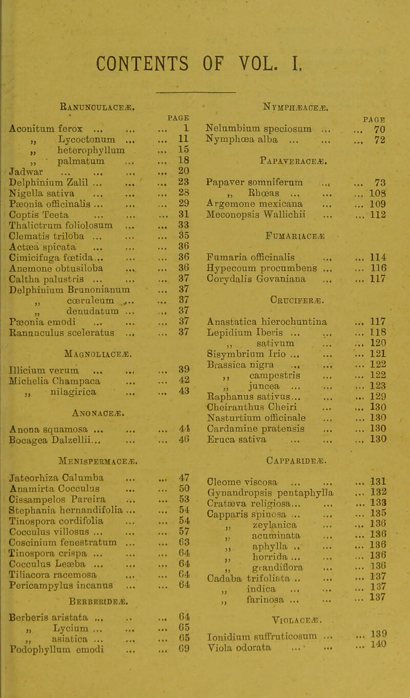 CONTENTS OF VOL. I. RaNUNCULACE/E. NYMP£LEACE.<E. PAGE PAGE Aconitum ferox ... 1 Welumbium speciosum ... ... 70 >} Lycoctonum ... ... XX Nyinphcea alba ... ... ... 72 „ heterophyllurn palmatum ... 1 R ... 1 o XaP AVE RACE.fi, Jadwar ... ... ,.. Delphinium Ziahl ... ... nn ... Papaver somniferum .., ... 73 Nigella sativa nn AO „ Rhoeas ... ... 108 Fseoma omcinans ... Argemone mexicana ... 109 Coptis Teeta 31 Meconopsis Wallichii ... 112 ^Flm 1 ipfcvnm fnlinl n^n m X lieu l AOL/1 Hill LKJ I lUlUoUlU ■■■ 33 Clematis triloba ... ! 35 FUMARIACE/E Actaea spicata ... 36 Cimicifnga fostida... ... 36 Fumaria officinalis ... 114 Anemone obtusiloba ... 36 Hypecoum procumbens ... ... 116 Caltha palustris ... ... 37 Corydalis Govaniana ... 117 Delphinium Branonianum ... 37 „ coeruleum .... ... 37 CkUCIFER/E. „ deuudatum ... .. 37 Pieonia emodi ... 37 Anastatica hierochuntina ... 117 Ranunculus sceleratus ... ... 37 Lepidium Ibevis ... ... 118 MagNOLIACEjE Illicium verum Michelia Champaca ,, nilagirica Anonace^;. Anona squamosa ... ... Bocagea Dalzellii... MENISPEKMACEiE. Jateorhiza Calumba Anamirta Cocculus Cissampelos Pareira Stephania hernandifolia Tinospora cordifolia Cocculus villosus ... Coscininm fenestratum Tinospora crispa ... Cocculus Leaeba ... Tiliacora racemosa Pericampylus incanus Bebberide/e Berberis aristata ... i, Lycium ... ,, asiatica ... Podophyllum omodi 39 42 43 44 40 47 50 53 54 54 57 63 64 64 64 64 04 05 05 09 sativum Sisymbrium Irio ... Brassica nigra campestris ,, juncea ... Raphanus sativus... Cheiranthus Cheiri Nasturtium officinale Cardamine pratensis Eruca sativa Cappabide/E. Cleome viscosa Gynandropsis pentaphylla Cratseva religiosa... Capparis spinosa ... zeylanica acuminata aphylla .. horrida ... giandiflora Cadaba trifoliata .. indica fariuosa ... » )) VlOtiACE/E. Ionidinm sufTruticosum . Viola odorata .. 120 ... 121 ... 122 ... 122 ... 123 ... 129 ,.. 130 ... 130 ... 130 ... 130 ... 131 ... 132 ... 133 ... 135 ... 136 ... 136 ... 136 ... 136 ... 136 ... 137 ... 137 ... 137 ... 139 ... 140