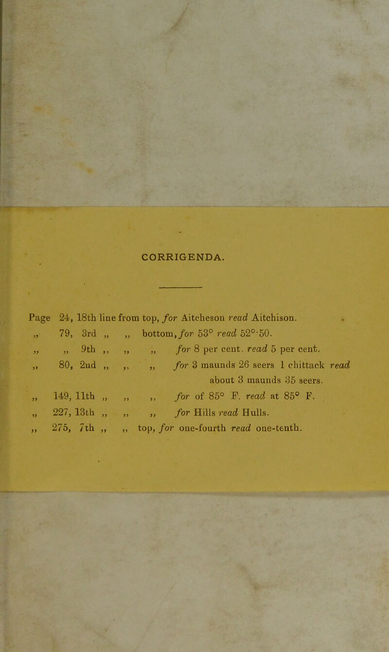 CORRIGENDA. Page 24, 18th line from top, for Aitcheson read Aitchison. 79, 3rd „ „ bottom, for 53° read 52° 50. „ „ 9th ,, „ for 8 per cent, read 5 per cent. „ 80, 2nd „ ,, „ for 3 maunds 26 seers 1 chittack read about 3 maunds 35 seers. „ 149, 11th „ „ „ for of 85° F. read at 85° F. „ 227, 13th „ „ „ for Hills read Hulls. ,, 275, 7th ,, ,, top, for one-fourth read one-tenth.
