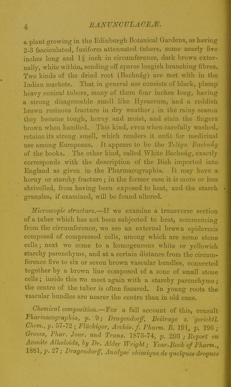 a plant growing in the Edinburgh Botanical Gardens, as having 2-3 fasciculated, fusiform attenuated tubers, some nearly five inches long and 1£ inch in circumference, dark brown exter- nally, white within,, sending off sparse lougish branching fibres. Two kinds of the dried root (Bachndg) are met with in the Indian markets. That in general use consists of black, plump heavy conical tubers, many of them four inches long, having a strong disagreeable smell like Hyraceum, and a reddish brown resinous fracture in dry weather; in the rainy season they become tough, horny and moist, and stain the fingers brown when handled. This kind, even when carefully washed, retains-its strong smell, which renders it unfit for medicinal use among Europeans. It appears to be the Teliya Bachndg of the books. The other kind, called White Bachnag, exactly corresponds with the description of the Bish imported into England as given in the Pharmacographia. It may have a horny or starchy fracture; in the former case it is more or less shrivelled, from having been exposed to heat, and the starch granules, if examined, will be found altered. Microscopic structure.—If we examine a transverse section of a tuber which has not been subjected to heat> commencing from the circumference, we see an external brewn epidermis composed of compressed cells, among which are some stone cells; next we come to a homogeneous white or yellowish starchy parenchyme, and at a certain distance from the circum- ference five to six or seven brown vascular bundles, connected together by a brown line composed of a zone of small stone cells ; inside this we meet again with a starchy parenchyme ; the centre of the tuber is often fissured. In young roots the vascular bundles are nearer the centre than in old ones. Chemical composition.—For a full account of this, consult Pharmacographia, p. 9; Vragendorff, Beitrage z. gerichtl. Chcm., p. 57-72 ; Fliickiger, Archiv.f. Pliarm. B. 191, p. I9G ; Groves, Phar. Jour, and Trans. 1873-74, p. 293 ; Report on Aconite Alkaloids, by Dr. Alder Wright; Year-Book of Pharm., 1881, p. 27; Dragendorf, Analyse chimique de quclgues drogues