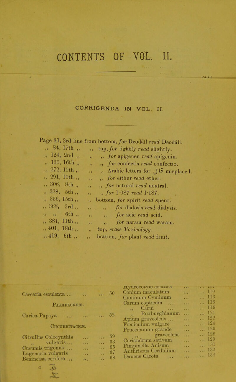 CORRIGENDA IN VOL. 11. Page 81, 3rcl line from bottom,/or Deodail read Deodali. „ 84,17th top,/or lightly rearf slightly.  124, 2n(l ,, for apigenen read apigenin. ,, 130, 16fch ,, „ for confectis read confectio.  272, 10th „ ,, Arabic letters for J Ij misplaced. 291,10th,, ,, /or either read ether. „ 306, 8th „ „ „ for natural read neutral. ,,328, 5th „ „ „/or 1 087 reac/1-187. ,, 356, 15th,, „ bottom,/or spirit reac? spent.  368, 3rd ,, ,, for dialosis read dialysis. ,, 6th ,, for acic read acid. 381, 11th ,, ,, „ for narain read waram. 401, 18th „ „ top. erase Toxicology. ,,419, 6th,, ,, bottom,/or plant rearf fruit. Casearia esculenta ... PASSIFlOEEiB. Carica Papaya CU0UBBITACE.ffil. CitruUus Colocynthis ,, vulgaris Cucumis trigonus Lagenaria vulgaris Beuiucasa cerifera ... a ^ 50 52 59 63 65 67 68 JdLyarocut^j.ti ciaitttiua Conium inaculatum Cuminiun Cyminum Carum copticum ... ,, Carui ,, Roxburghianum Apium graveolens ,.. Fcsniculum vulgaro Peucedanum grande ,, graveolens Ooriandnim sativum Pimpinella Anisum Antiu-iscuH Cerifolium Dauous Carota 110 113 116 119 12] lL'2 124 126 12S 129 131 132 134