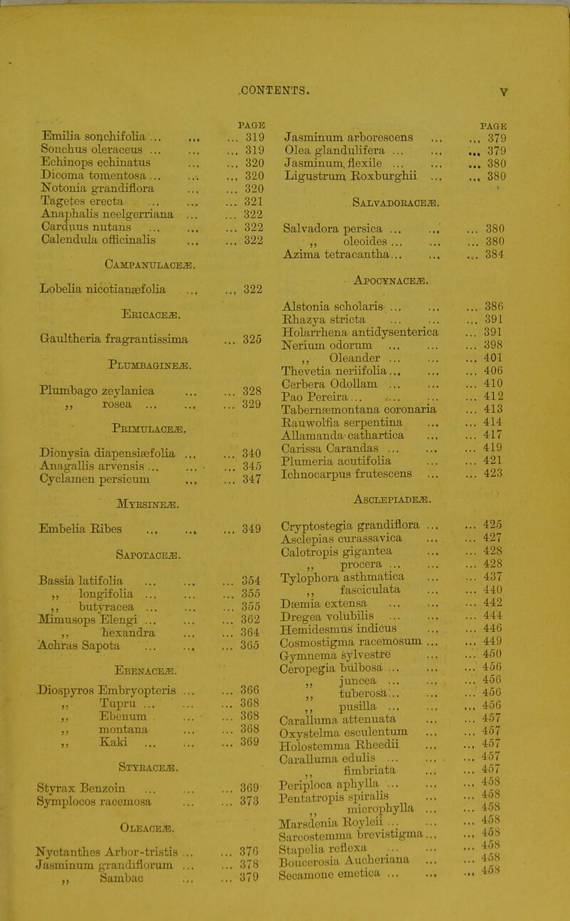 Emilia souchifolia Sonchus oleraceus ... Echinops eckuiatus Dicoma tomentosa... Notonia gTandiflora Tagetes erecta Anaphalis neelgerriana ... Card vms nutans Calendula ofKciaalis CAMPANTJLACEiB. Lobelia nicotianasf olia EEICACE.Si. Gaultheria fragrantissima PLUMBAGINEiE. Plumbago zeylanica rosea ... 'PnmxjrLA.CKE. Dionysia diapensisefolia ... Auagallis arvensis ... Cyclamen persicum MYESINEiB. Embelia Ribes SAPOTACEiB. Bassia latifolia longif olia ... butjTacea ... Mimusops Elengi ... ,, bexandra Achras Sapota Ebenace^. Diospyros Embryopteris ... ,, Tiipru ... Ebeuum montana ,, Kaki STYEACE.S1. Styrax Benzoin Symplocos racemosa Oleace.;b. 5 > Nyctanthes Arbor-tristis graiidiflc Sambac Jasminura graudiflorum PAGE . 319 . 319 . 320 . 320 . 320 . 321 . 322 . 322 . 322 322 325 328 329 340 345 347 349 354 355 355 362 364 365 366 368 368 368 369 369 373 376 378 379 Jasminum arborescens Olea giandulifera ... Jasminum. flexile ... Ligustrum Roxburgbii ... SALVADOEACEa!. Salvadora persica ... ... ,, oleoides... Azima tetracantba... AP0CYNACE.S1. Alstonia scbolaris ... Rbazya stricta Holan-bena antidysenterica Nerium odorum ,, Oleander ... Tbevetia nei-iifolia... Cerbera Odollam ... Pao Pereira... TabernEemontana coronaria EauwoUia sei-pentina Allamanda catbarfcica Carissa Carandas ... Plumeria aoutifolia Ichnocarpus frutescens AsCLBPIADEiE. Cryptostegia grandiflora ... Asclepias cni-assavica Calotropis gigantea procera ... Tylopbora asthmatica ,, f asciculata Dsemia extenaa Dregea volubUis Hemidesmus indiCus Cosmostigma racemosum ... Gymnema sylvestre Oeropegia bialbosa „ juncea tuberosa... pusilla ... Caralhmia attenuata Oxystelma csculontum Holostemma Rbeedii Carallmna edulis ,, fimbriata Periploca apbylla Pentatropis npiralis micvopbyUa ... Marsdenia Royloii Sarco.stemma brevistigma... Stapclia rcflexa Boticcro.sia Aucberiana ... Secamone emetica PAGE ... 379 ... 379 ... 380 ... 380 .. 380 .. 380 .. 384 ... 386 ... 391 ... 391 ... 398 ... 401 ... 406 ... 410 ... 412 ... 413 ... 414 ... 417 ... 419 ... 421 ... 423 425 427 428 428 437 440 442 444 440 449 450 456 456 456 456 457 457 457 457 457 458 458 45S 458 468 458 45S 45S
