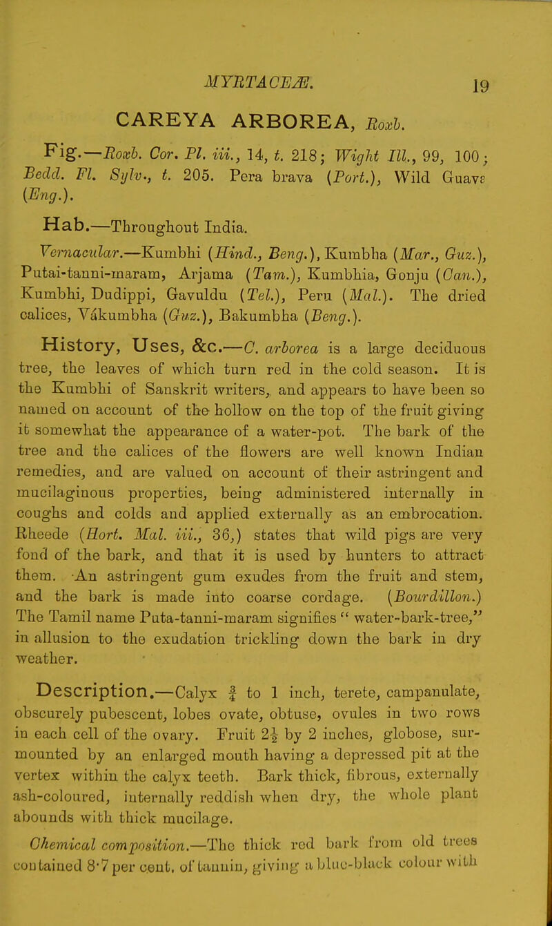 CAREYA ARBOREA, Roxh. Fig.^Roceh. Cor. PI. in., 14, t. 218j Wight III, 99, 100; Bedel, Fl. Sylv., t. 205. Pera brava {Fort.), Wild Guave {Eng.). Hab.—Througliout India. Vernacular.—Kumblii {Hind., Be/i^r.), Kumbha {Mar., Quz.), Putai-tanni-inaram, Arjama {Tarn.), Kumbliia, Gonju {Can.), Kumbhi, Dudippi, Gavuldu {Tel.), Peru {Mai). The dried calices, Vakumbha {Guz.), Bakumbha {Beng.). History, Uses, &C.—C. arborea is a large deciduous tree, the leaves of which turn red in the cold season. It is the Kumbhi of Sanskrit writers,, and appears to have been so named on account of the- hollow on the top of thie fruit giving it somewhat the appearance of a water-pot. The bark of the tree and the calices of the flowers are well known Indian remedies, and are valued on account of their astringent and mucilaginous pi'operties, being administered internally in coughs and colds and applied externally as an embrocation. Rheede (Hart. Mai Hi., 36,) states that wild pigs are very fond of the bark, and that it is used by hunters to attract them. An astringent gum exudes from the fruit and stem, and the bark is made into coarse cordage. {Bourdillon.) The Tamil name Puta-tanni-raaram signifies  water-bark-tree, in allusion to the exudation trickling down the bark in dry weather. Description.—Calyx | to 1 inch, terete, campanulate, obscurely pubescent, lobes ovate, obtuse, ovules in two rows in each cell of the ovary. Fruit 2^ by 2 inches, globose, sur- mounted by an enlarged mouth having a depressed pit at the vertex within the calyx teeth. Bark thick, fibrous, externally ash-coloured, iuternally reddish when dry, the whole plant abounds with thick mucilage. Chemical composition.—\^hG thick rod bark from old trees couLaiued 8-7per cent, of tauuin, giving abUiu-black colour with