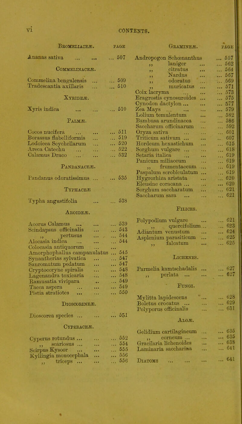 BEOMELIACEa:. Ananas sativa COMlCELINACBiai. Conimelina bengalensis .. Tradescantia axillaris Xyris indica XYEIDEiE. Cocos nucifera Borassus flabelliformis Lodoicea Seychellarum Areca Catechu Calamus Draco PANDANAOEa;. Pandanus odoratissimus ... TTPHACB.S! Typha angustifolia AE0IDE.2E. Acorus Calamus Soindapsus oflBcinaUs pertusus Alocasia indica Colocasia antiquortim Amorphophallus campanulatus Syuantherias sylvatica Sanromattim pedatum Cryptocoryne spiralis Lagenandra toxicaria Ramusatia vivipara Tacca aspera Pi.stia stratiotes DioscoEiNEa;. Dioscorea species Cypeiucke. Cyperus rotimdus scariosus Scirpus Kysoor Kyllingia monocephala ... triceps PAGE 507 .. 509 .. 510 510 511 519 520 522 532 535 538 539 543 544 544 545 547 547 548 548 549 549 550 551 552 554 555 556 556 GEAMINE.E. Andropogon Schcenanthus „ laniger citratus ,, Nardus ,, odoratuB ,, muricatus . Coix lacryma Eragrostis cynosuroides . Cynodon dactylon... Zea Mays ... Lolium temulentum Bambusa arundinacea Saccbarum officinartim Oryza sativa Tiiticum sativum ... Hordeum hexasticbum Sorghum vulgare ... Setaria itaKca Panicum miliaceum frumentaceum . Paspalum scrobicidatum . Hygrorhiza aristata Eleusine coracana ... Sorghum saccbaratum Saccharum sara FiLlCES. Polypodium vulgare quercifolium Adiantum venustum Asplenium parasiticum ,, f alcatum LiCHBNES. Parmelia kamtscbadalis , ,, perlata ... Fdnqi. Mylitta lapidescens Boletus crocatiis ... Polyporiis officinalis AliGiB. Gelidium cartilagineum corneiim ... Gracilaria lichenoides Laminaria sacchariHa Diatoms
