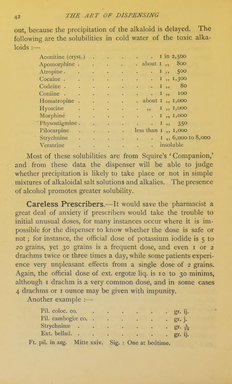 out, because the precipitation of the alkaloid is delayed. The following are the solubilities in cold water of the toxic alka- loids :— Aconitine (cr}'St.) Apomorphine Atropine. Cocaine . Codeine . Coniine . Homatropine Hyoscine Morphine 'Physostigmine , Pilocarpine Strychnine Veratrine I in 2,500 about I I . I I I about I „ I I I ess than i I ,, 800 ,, 500 1,300 „ 80 ,, 100 ,, 1,000 ,, 1,000 ,, 1,000 ,, 1,000 ,, 6,000 to 8,000 insolulile Most of these solubilities are from Squire's ' Companion,' and from these data the dispenser will be able to judge whether precipitation is likely to take place or not in simple mixtures of alkaloidal salt solutions and alkalies. The presence of alcohol promotes greater solubility. Careless Prescribers,^—It would save the pharmacist a great deal of anxiety if prescribers would take the trouble to initial unusual doses, for many instances occur where it is im- possible for the dispenser to know whether the dose is safe or not; for instance, the official dose of potassium iodide is 5 to 20 grains, yet 30 grains is a frequent dose, and even i or 2 drachms twice or three times a day, while some patients experi- ence very unpleasant effects from a single dose of 2 grains. Again, the official dose of ext. ergotse liq. is 10 to 30 minims, although I drachm is a very common dose, and in some cases 4 drachms or i ounce may be given with impunity. Another example :— Pil. coloc. CO. Pil. cambogia; co. . Strychnine Ext. bellad. . Ft. pil. in arg. Mitte xxiv. gr- j- gr gr- y 24 Sig. : One at bedtime.