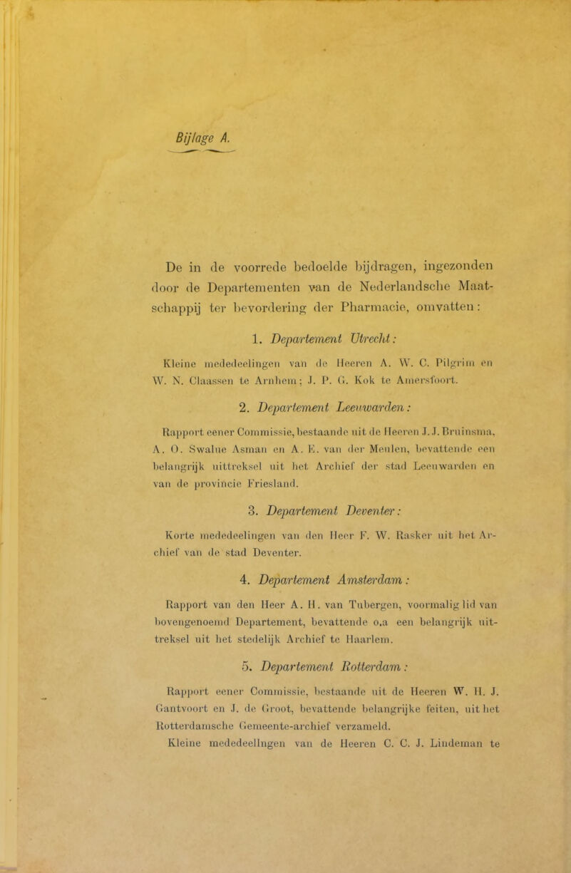 De in de voorrede bedoelde bijdragen, ingezonden door de Departementen van de Nederlandsclie Maat- schappij ter bevordering der Pharmacie, omvatten : 1. Departement Utrecht: Kleine mededeelingon van do lleeren A. \V. C. Pilgrim en W. N. Claassen te Arnhem; .1. P. G. Kok te Amersfoort. 2. Departement Leeuwarden : Rapport eener Cominissie,bestaande nit de Heeren J.J. P>rninsnia. A. O. Swalne Asman en A. K. van iler Meniën, bevattende een belangrijk iiittreksel nit liet Archief der stad Leenwarden en van de provincie Friesland. 3. Departement Deventer: Korte mededeelingon van den Heer F. W. llasker nit het Ar- chief van de stad Deventer. 4. Departement Amsterdam: Rapport van den Heer A. H. van Tubergen, voormalig lid van bovengenoemd Departement, bevattende o.a een belangrijk nit- treksel uit het stedelijk Archief te Haarlem. 5. Departement Rotterdam: Rapport oenor Commissie, bestaande lüt de Heeren W. 11. J. Gantvoort en .1. de Groot, bevattende belangrijke feiten, nit het Rotterdamsche Gemeente-archief verzameld. Kleine mededeellngen van de Heeren C. C. J. Lindeman te