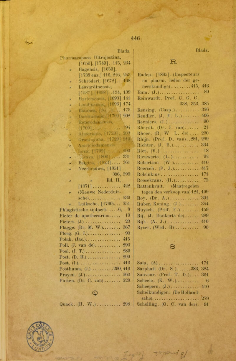 Bladz. Pliannacopoea Ultrajectina, 11(356], [1749]. '1-15, 234 // Ilagensis, [10591, [1738 enz.] 110,'210, 2i5 „ Schrödci-i, [1072|. . 10^ /' l.eovariliiiftnsis, [li. ■ -8]. .'134, 430 , MurlftTneiJsisj, [1093] 141 Moj 174 ; .175 h ■ ■ 1 ■ I ! i ■ , \ -r. ■ ! 79^21.. . i'JO .... 331 iltil^-i' . ! ■ l.'>\.... 301 // Neei-l;)ii(Jic.a, [1851] 396, 399 Ed. II, [1871] 4'22 D (Nieuwe Nederdnit- sche) 239 // Luikschc, [1700). .. 2.51 Phlogi.stische tijdperk O, 8 Pieter de apothecarius '19 Pieters. (J.) 20 Plagge. (Dr. M. W.) 367 Ploeg. (G. J.) 90 Polak. (Jac.) 415 Poll. (J. van de) 290 Pool. (J. T.) 289 Post. (ü. H.) 299 Post. (J.) 416 Posthuma. (.1.) 290,416 Proyen. (J.) 260 Putten. (Dr. C. van) 229 Quack. (H. W.) 298 Bladz. Raden. [1865]. (Inspecteurs en pliarni. leden iler ge- neeskundige) 415, 416 Ram. (J.) 89 Reinwardt. Prof. C. G. C. 338, 353, 385 Rensing. (Casp.) 326 Reudler. (J. F. L.) 406 Reyniers. (J.) 90 Rlieydt. (Dr. .1. van)..... . 21 ' Rlioer. (R. W L. del .... 290 Rl.ijn. (Pr.,r. D. van)..281, 299 Ricliter. (.1 B.) 364 Riet. (V.) 18 Rieuwerts. (L.) 92 Robertson. (W ) 410 Roersch. (P. J.) 417 Rolsinkius 171 Roosekrans. (H.) 75 Rattenkruit. (Maatregelen tegen den verkoop van) 121, 199 Roy. (Dr. A.) 301 Ruben Koning, (J.) .344 Ruysch. (Prof. F.) 1.59 Rij. (J. Dankerts de) 289 Rijk. (A. J.) 410 Ryser. (Wed. H) 90 s Sala. (A) 171 Sarphati (Dr. S.) 383, 384 Sauveur. (Prof. T. D.).... 361 Schcele. (K. W.) 6 Scheepers. (J.) 410 Scheikundigen. (De Holland- sche) 279 Schelling. (O. C. van der). 91