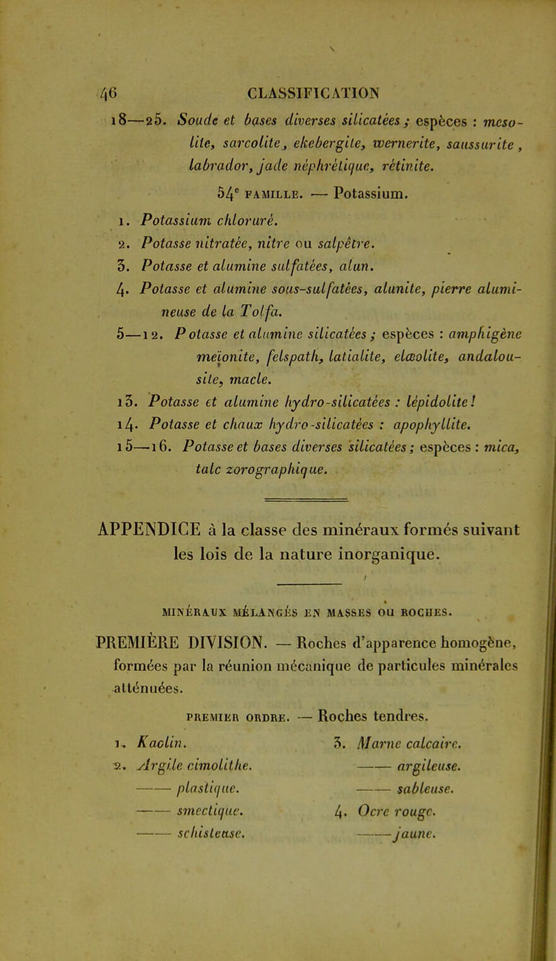 18—2Ô. Soude et bases diverses silicatêes ; espèces : meso- lile, sarcolite, elcebergite, wernerite, saussurite, labrador, jade néphrétique, rétinite. 54e famille. — Potassium. 1. Potassium chloruré. 2. Potasse nitratèe, nitre ou salpêtre. 3. Potasse et alumine sulfatées, alun. 4. Potasse et alumine sous-sulfatèes, alunite, pierre alumi- neuse de la Toi fa. 5—12. Potasse et alumine silicatêes; espèces : amphigène meionite, felspath, latialite, elœolite, andalou- silc, macle. i3. Potasse et alumine hydro-silicatêes : lèpidoliiel \[\. Potasse et chaux hy dro-silicatêes : apophyllite. 15— 16. Potasse et bases diverses silicatêes ; espèces : mica, talc zorographique. APPENDICE à la classe des minéraux formés suivant les lois de la nature inorganique. MINERAUX MÉLANGÉS LN MASSES OU ROCHES. PREMIÈRE DIVISION. — Roches d'apparence homogène, formées par la réunion mécanique de particules minérales atténuées. PREMIER ORDRE. 1. Kaolin. 2. Argile cimolithe. plastique. smec tique. schisteuse. Roches tendres. 3. Marne calcaire. argileuse. sableuse. 4. Ocre rouge. jaune.