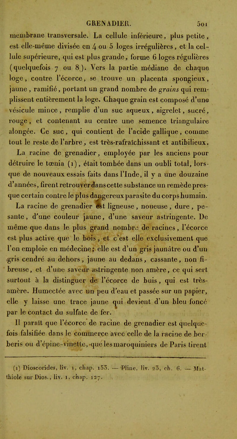 GRENADIER. 5oi membrane transversale. La cellule inférieure, plus petile, est elle-même divisée en 4 ou 5 loges irrégulières, et la cel- lule supérieure, qui est plus grande, forme 6 loges régulières (quelquefois 7 ou 8). Vers la partie médiane de chaque loge, contre l'écorce, se trouve un placenta spongieux, jaune , ramifié, portant un grand nombre de grains qui rem- plissent entièrement la loge. Chaque grain est composé d'une vésicule mince, remplie d'un suc aqueux, aigrelet, sucré, rouge, et contenant au centre une semence triangulaire alongée. Ce suc, qui contient de l'acide galiique, comme tout le reste de l'arbre, est très-rafraîchissant et antibilieux. La racine de grenadier, employée par les anciens pour détruire le tœnia (1), était tombée dans un oubli total, lors- que de nouveaux essais faits dans l'Inde, il y a une douzaine d'années, firent retrouver dans cette substance un remède pres- que certain contre le plus dangereux parasite du corps humain. La racine de grenadier Ifet ligneuse , noueuse , dure , pe- sante , d'une couleur jaune, d'une saveur astringente. De même que dans le plus grand nombre de racines, l'écorce est plus active que le bois, et c'est elle exclusivement que l'on emploie en médecine; elle est d'un gris jaunâtre ou d'un gris cendré au dehors, jaune au dedans, cassante, non fi- breuse, et d'une saveur astringente non amère, ce qui sert surtout à la distinguer de l'écorce de buis, qui est très- amère. Humectée avec un peu d'eau et passée sur un papier, elle y laisse une trace jaune cnii devient d'un bleu foncé par le contact du sulfate de fer. Il paraît que l'écorce de racine de grenadier est quelque- fois falsifiée dans le commerce avec celle de la racine de ber- beris ou d'épine-v inelte, que les maroquiniers de Paris tirent (1) Dioscorides, liv. 1, chap. i53. — Pline, liv. 23, ch. 6. — Mat-