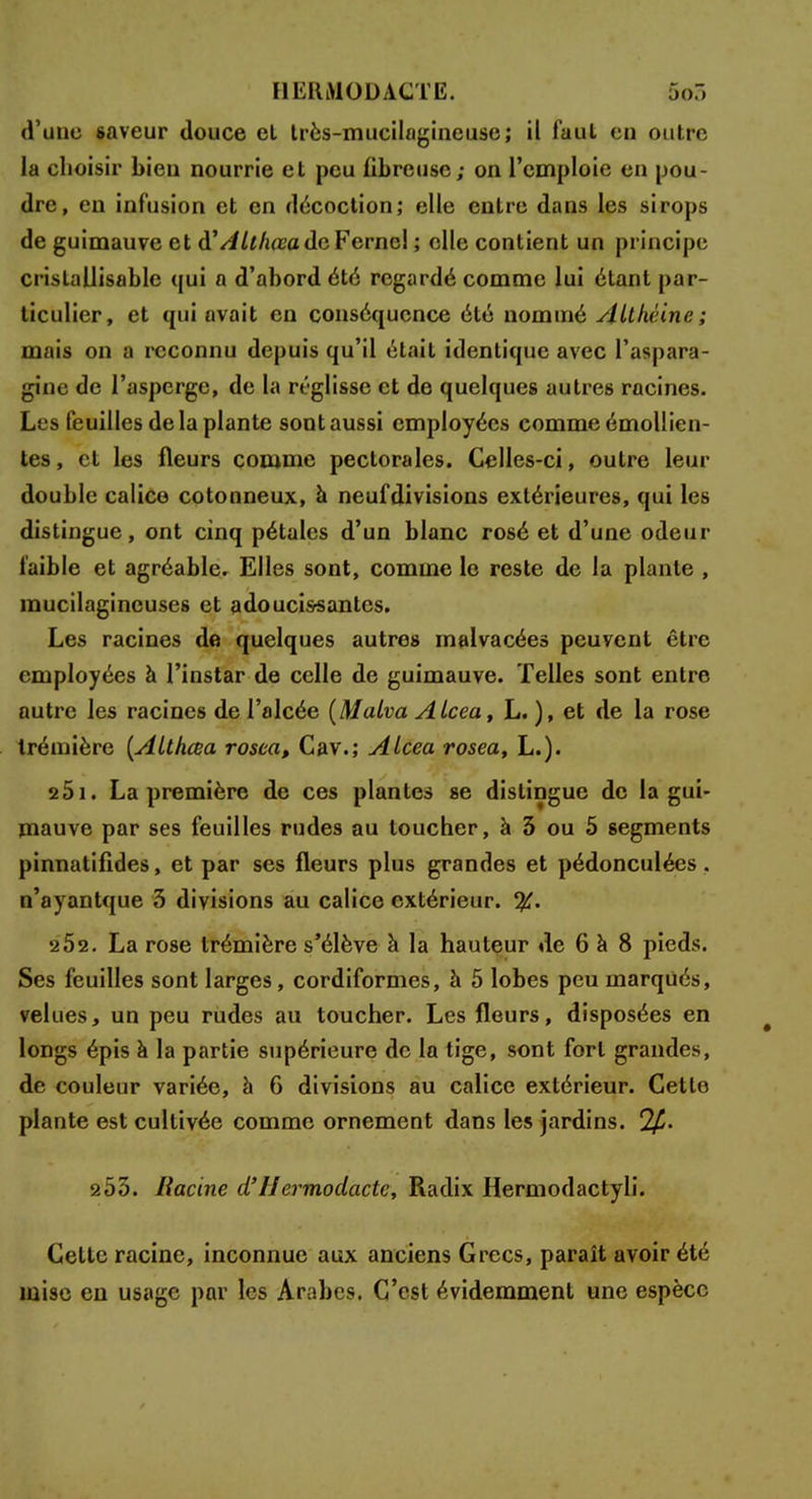 UEKMODAGTE. 5o5 d'une saveur douce el très-mucilagineuse; il faut en outre la choisir bien nourrie et peu fibreuse; on l'emploie en pou- dre, en infusion et en décoction; elle entre dans les sirops de guimauve et à?Althœaàc Ferne! ; elle contient un principe crislallisable qui a d'abord été regardé comme lui étant par- ticulier, et qui avait en conséquence été nommé Althéine; mais on a reconnu depuis qu'il était identique avec l'aspara- gine de l'asperge, de la réglisse et de quelques autres racines. Les feuilles de la plante sont aussi employées comme émollien- tes, et les fleurs comme pectorales. Celles-ci, outre leur double calice cotonneux, à neuf divisions extérieures, qui les distingue, ont cinq pétales d'un blanc rosé et d'une odeur faible et agréable. Elles sont, comme le reste de la plante , raucilagineuses et adoucissantes. Les racines de quelques autres malvacées peuvent être employées à l'instar de celle de guimauve. Telles sont entre autre les racines de l'alcée (Malva Atcea, L. ), et de la rose trémière (Althcea rosca, Cav.; Alcea rosea, L.). 251. La première de ces plantes se distingue de la gui- mauve par ses feuilles rudes au toucher, à 3 ou 5 segments pinnatifldes, et par ses fleurs plus grandes et pédonculées. n'ayantque 3 divisions au calice extérieur. %. •252. La rose trémière s'élève à la hauteur de 6 à 8 pieds. Ses feuilles sont larges, cordiformes, à 5 lobes peu marqués, velues, un peu rudes au toucher. Les fleurs, disposées en longs épis à la partie supérieure de la tige, sont fort grandes, de couleur variée, à 6 divisions au calice extérieur. Cette plante est cultivée comme ornement dans les jardins. *2fi. 253. Racine d'Hermodacte, Radix Hermodactyli. Cette racine, inconnue aux anciens Grecs, paraît avoir été mise en usage par les Arabes. C'est évidemment une espèce