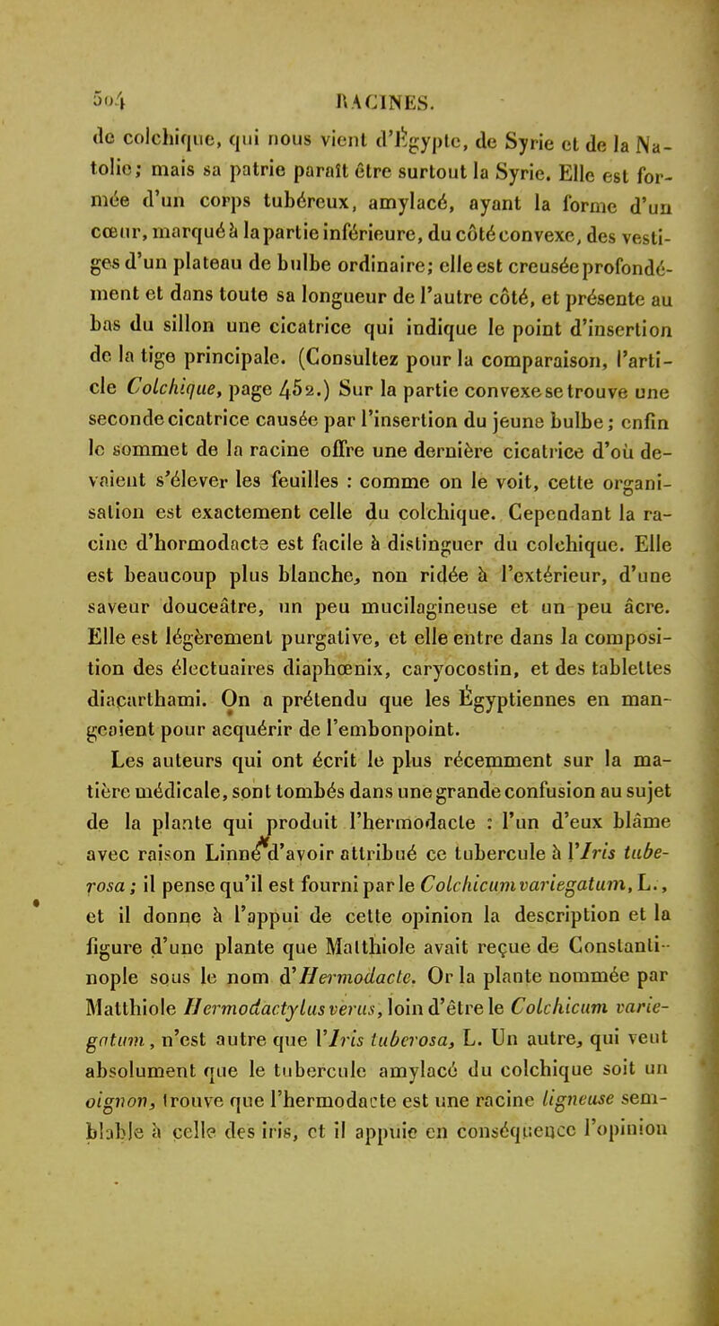 de colchique, qui nous vient d'tfgyptc, de Syrie et de la Na- tolie; mais sa patrie paraît être surtout la Syrie. Elle est for- mée d'un corps tubéreux, amylacé, ayant la forme d'un cœur, marqué a la partie inférieure, du côté convexe, des vesti- ges d'un plateau de bulbe ordinaire; elle est creusée profondé- ment et dans toute sa longueur de l'autre côté, et présente au bas du sillon une cicatrice qui indique le point d'insertion de la tige principale. (Consultez pour la comparaison, l'arti- cle Colchique, page 452.) Sur la partie convexe se trouve une seconde cicatrice causée par l'insertion du jeune bulbe; enfin le sommet de la racine offre une dernière cicatrice d'où de- vaient s'élever les feuilles : comme on le voit, cette organi- sation est exactement celle du colchique. Cependant la ra- cine d'hormodacte est facile à distinguer du colchique. Elle est beaucoup plus blanche, non ridée à l'extérieur, d'une saveur douceâtre, un peu mucilagineuse et un peu acre. Elle est légèrement purgative, et elle entre dans la composi- tion des électuaires diaphœnix, caryocostin, et des tablettes diaparthami. On a prétendu que les Égyptiennes en man- geaient pour acquérir de l'embonpoint. Les auteurs qui ont écrit le plus récemment sur la ma- tière médicale, sont tombés dans une grande confusion au sujet de la plante qui produit l'hermodacle : l'un d'eux blâme avec raison Linné*d'avoir attribué ce tubercule h Vlris tube- rosa ; il pense qu'il est fourni par le Colchicum variegatum, L., et il donne à l'appui de celte opinion la description et la figure d'une plante que Malthiole avait reçue de Constanli- nople sous le nom d''Hermodactc. Or la plante nommée par Matthiole Uermodactylus vents, loin d'être le Colchicum varie- gntinn, n'est autre que VIris tuberosa, L. Un autre, qui veut absolument que le tubercule amylacé du colchique soit un oignon, trouve que l'hermodacte est une racine ligneuse sem- blable à celle des iris, et il appuie en conséquence l'opinion