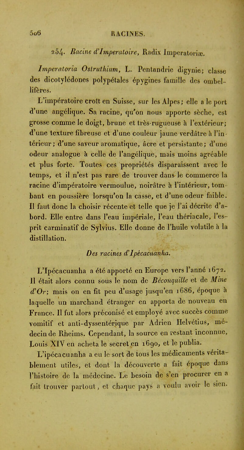 Racine d'Imperatoire, Radix Imperatorîœ. Imperatoria Ostruthium, L. Pentandrie digynie; classe des dicotylédones polypétales épygines famille des ombel- lifères. L'impératoire croît en Suisse, sur les Alpes; elle a le port d'une angélique. Sa racine, qu'on nous apporte sèche, est grosse comme le doigt, brune et très-rugueuse à l'extérieur; d'une texture fibreuse et d'une couleur jaune verdâtre à Fin térieur; d'une saveur aromatique, acre et persistante; d'une odeur analogue à celle de l'angélique, mais moins agréable et plus forte. Toutes ces propriétés disparaissent avec le temps, et il n'est pas rare de trouver dans le commerce la racine d'impératoire vermoulue, noirâtre à l'intérieur, tom bant en poussière lorsqu'on la cassé, et d'une odeur faible. Il faut donc la choisir récente et telle que je l'ai décrite d'a- bord. Elle entre dans l'eau impériale, l'eau thériacale, l'es- prit carminatif de Sylvius. Elle donne de l'huile volatile à la distillation. Des racines aIpècacuanha. L'Ipécacuanha a été apporté en Europe vers Tanné 1672. Il était alors connu sous le nom de Béconquille et de Mine aOr; mais on en fit peu d'usage jusqu'en 1686, époque à laquelle un marchand étranger en apporta de nouveau en France. Il fut alors préconisé et employé avec succès comme vomitif et anti-dyssentérique par Adrien Helvétius, mé- decin de Rheims. Cependant, la source en restant inconnue, Louis XIV en acheta le secret en 1690, et le publia. L'ipéca eu anha a eu le sort de tous les médicaments vérita- blement utiles, et dont la découverte a fait époque dans l'histoire de la médecine. Le besoin de s'en procurer en a fait trouver partout, et chaque pays a voulu avoir le sien.