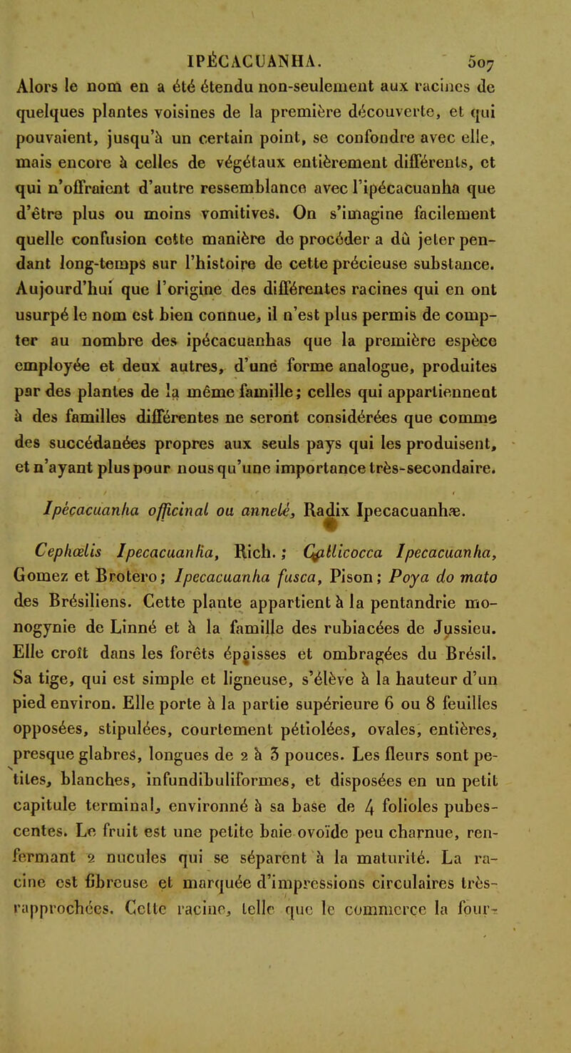 Alors le nom en a été étendu non-seulement aux racines de quelques plantes voisines de la première découverte, et qui pouvaient, jusqu'à un certain point, se confondre avec elle, mais encore à celles de végétaux entièrement différents, et qui n'offraient d'autre ressemblance avec l'ipécacuanha que d'être plus ou moins vomitives. On s'imagine facilement quelle confusion cotte manière de procéder a du jeter pen- dant long-temps sur l'histoire de cette précieuse substance. Aujourd'hui que l'origine des différentes racines qui en ont usurpé le nom est bien connue, il n'est plus permis de comp- ter au nombre des ipécacuanhas que la première espèce employée et deux autres, d'une forme analogue, produites par des plantes de la même famille ; celles qui appartiennent à des familles différentes ne seront considérées que comme des succédanées propres aux seuls pays qui les produisent, et n'ayant plus pour nous qu'une importance très-secondaire. Ipèçacuanha officinal ou anneU, Radix Ipecacuanhfe. Cephœlis Ipecacuanfia, Rich. ,* Çfitlicocca Ipecacuanha, Gomez et Brotero; Ipecacuanha fusca, Pison; Poya do mato des Brésiliens. Cette plante appartient à la pentandrie mo- nogynie de Linné et à la famille des rubiacées de Jussieu. Elle croît dans les forêts épaisses et ombragées du Brésil. Sa tige, qui est simple et ligneuse, s'élève à la hauteur d'un pied environ. Elle porte à la partie supérieure 6 ou 8 feuilles opposées, stipulées, courtement pétiolées, ovales, entières, presque glabres, longues de 2 à 5 pouces. Les fleurs sont pe- tites, blanches, infundibuliformes, et disposées en un petit capitule terminal, environné à sa base de 4 folioles pubes- centes. Le fruit est une petite baie ovoïde peu charnue, ren- fermant 2 nucules qui se séparent à la maturité. La ra- cine est fibreuse et marquée d'impressions circulaires très- rapprochecs. Celle racine, telle que le commerce la foui -