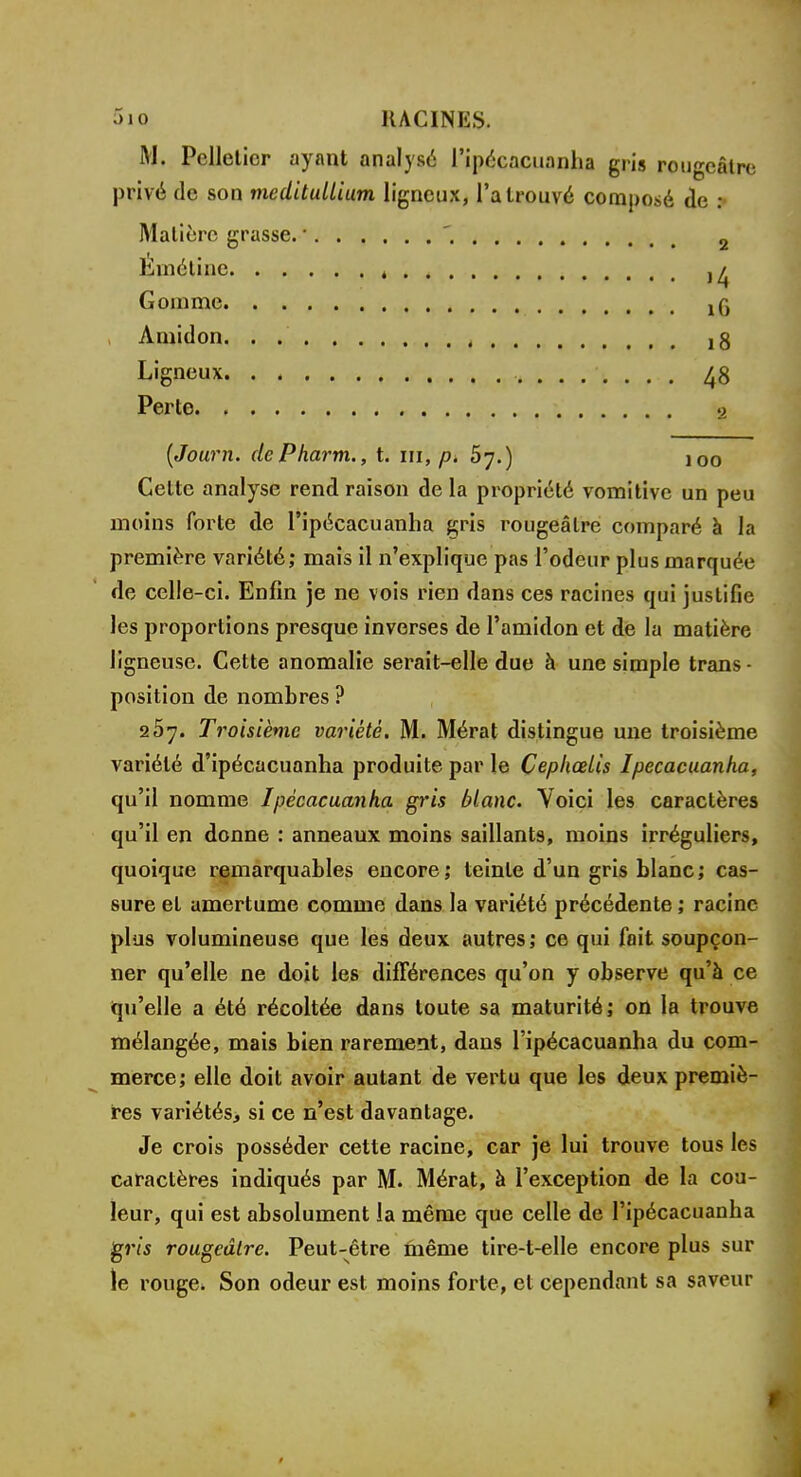 5io RACINES, M. Pelletier ayant analysé l'ipécacuanha gris rougeâtre privé de son meditullium ligneux, l'a trouvé composé de :• Matière grasse. ' ' Éinétine , Gomme tQ , Amidon. . ,3 Ligneux 48 Perte a (Journ. dePharm., t. m, p, 5y.) 100 Cette analyse rend raison de la propriété vomitive un peu moins forte de l'ipécacuanha gris rougeâtre comparé à la première variété; mais il n'explique pas l'odeur plus marquée de celle-ci. Enfin je ne vois rien dans ces racines qui justifie les proportions presque inverses de l'amidon et de la matière ligneuse. Cette anomalie serait-elle due à une simple trans - position de nombres ? 257. Troisième variété. M. Mérat distingue une troisième variété d'ipécacuanha produite par le ÇephœUs Ipecacuanha, qu'il nomme Ipecacuanha gris blanc. Voici les caractères qu'il en donne : anneaux moins saillants, moins irréguliers, quoique remarquables encore; teinte d'un gris blanc; cas- sure et amertume comme dans la variété précédente ; racine plus volumineuse que les deux autres; ce qui fait soupçon- ner qu'elle ne doit les différences qu'on y observe qu'à ce qu'elle a été récoltée dans toute sa maturité; on la trouve mélangée, mais bien rarement, dans l'ipécacuanha du com- merce; elle doit avoir autant de vertu que les deux premiè- res variétés, si ce n'est davantage. Je crois posséder cette racine, car je lui trouve tous les caractères indiqués par M. Mérat, à l'exception de la cou- leur, qui est absolument la même que celle de l'ipécacuanha gris rougeâtre. Peut-être même tire-t-elle encore plus sur le rouge. Son odeur est moins forte, et cependant sa saveur