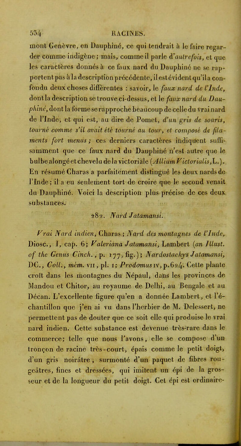 mont Genèvre, en Dauphiné, ce qui tendrait à le faire regar- der comme indigène; mais, comme il parle $ autrefois, et que les caractères donnés à ce faux nard du Dauphiné ne se rap- portent pas a la description précédente, ilestévidenlqu'ila con- fondu deux choses différentes : savoir, le faux nard de l'Inde, dont la description se trouve ci-dessus, et le faux nard du Dau- phiné, dont la forme se rapproche beaucoup de celledu vrai nard de l'Inde, et qui est, au dire de Pomet, d'un gris de souris, tourné comme s'il avait été tourné au tour, et composé de fda- ments fort menus; ces derniers caractères indiquent suffi- samment que ce faux nard du Dauphiné n'est autre que le bulbe alongé et chevelu delà victorîàle [Allium Victorialis ,L.). En résumé Charas a parfaitement distingué les deuxnardsde l'Inde ; il a eu seulement tort de croire que le second venait du Dauphiné. Voici la description plus précise de ces deux substances. 282. Nard Jatamansi. Vrai Nard indien, Charas ; Nard des montagnes de l'Inde, Diosc, I, cap. 6; Valeriana Jatamansi, Lambert (an Jllust. of the Genus Cinch., p. 177, fig.); Nardosiachys Jatamansi, DC, Coll., mém. vu, pl. u Prodomusiv,p.6i^. Cette plante croît dans les montagnes du Népaul, dans les provinces de Mandou et Chitor, au royaume de Delhi, au Bengale et au Décan. L'excellente figure qu'en a donnée Lambert, et l'é- chantillon que j'en ai vu dans l'herbier de M. Delessert, ne permettent pas de douter que ce soit elle qui produise le vrai nard indien. Cette substance est devenue très-rare dans le commerce; telle que nous l'avons, elle se compose d'un tronçon de racine très-court, épais comme le petit doigt, d'un gris noirâtre , surmonté d'un paquet de fibres rou- geâtres, fines et dressées, qui imitent un épi de la gros- seur et de la longueur du petit doigt. Cet épi est ordinaire-