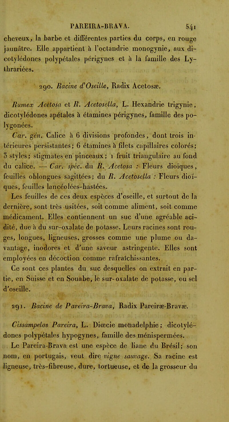 cheveux, la barbe et différentes parties du corps, en rouge jaunâtre. Elle appartient a l'octandrie monogynie, aux di- cotylédones polypétales périgynes et à la famille des Ly- ihrariées. 290. Racine d'Oseille, Radix Acetosae. liumex Acetosa et R. Acetosella, L. Hexandrie trigynie, dicotylédones apétales à étamines périgynes, famille des po- lygonées. Car. gèn. Calice à 6 divisions profondes, dont trois in- térieures persistantes; 6 étamines à filets capillaires colorés; 3 styles; stigmates en pinceaux; 1 fruit triangulaire au fond du calice. — Car. spcc. du R. Acetosa : Fleurs dioïques, feuilles oblongues sagittées; du R. Acetosella : Fleurs dioï- ques, feuilles lancéolées-hastées. Les feuilles de ces deux espèces d'oseille, et surtout de la dernière, sont très usitées, soit comme aliment, soit comme médicament. Elles contiennent un suc d'une agréable aci- dité, due à du sur-oxalate de potasse. Leurs racines sont rou- ges, longues, ligneuses, grosses comme une plume ou da- vantage, inodores et d'une saveur astringente. Elles sont employées en décoction comme rafraîchissantes. Ce sont ces plantes du suc desquelles on extrait en par- tie, en Suisse et en Souabe, le sur-oxalate de potasse, ou sel d'oseille. 291. Racine de Pareira-Brava, Radix Pareirae-Bravœ. Cissampelos Pareira, L. Diœcie monadelphie; dicotylé- dones polypétales hypogynes, famille des ménispermées. Le Pareira-Brava est une espèce de liane du Brésil; son nom, en portugais, veut dire vigne sauvage. Sa racine est ligneuse, très-fibreuse, dure, tortueuse, et de la grosseur du