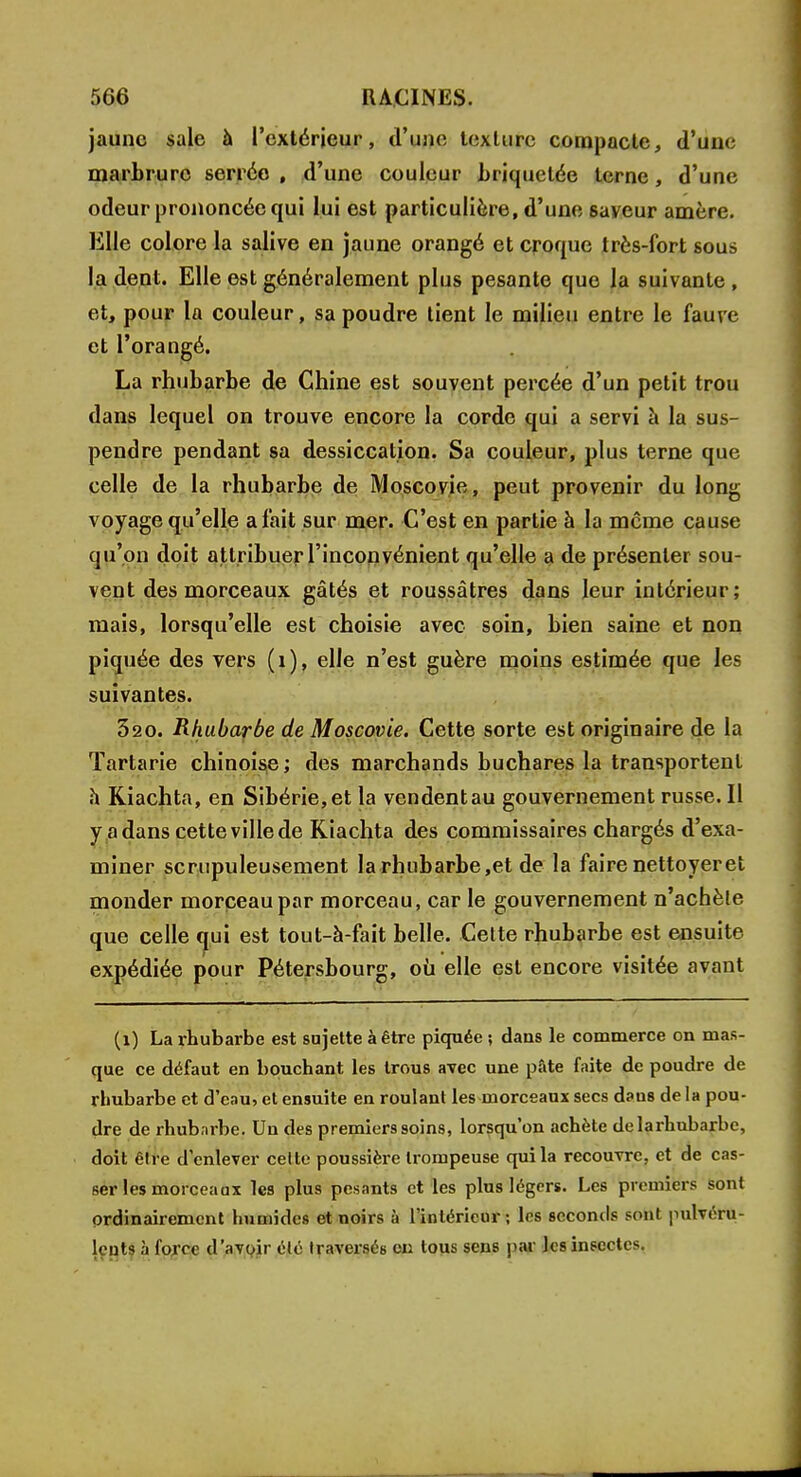 jaune sale à l'extérieur, d'une texture compacte, d'une marbrure serrée , d'une couleur briquelée terne, d'une odeur prononcée qui lui est particulière, d'une sayeur amère. Elle colore la salive en jaune orangé et croque très-fort sous la dent. Elle est généralement plus pesante que la suivante, et, pour la couleur, sa poudre tient le milieu entre le fauve et l'orangé. La rhubarbe de Chine est souvent percée d'un petit trou dans lequel on trouve encore la corde qui a servi à la sus- pendre pendant sa dessiccation. Sa couleur, plus terne que celle de la rhubarbe de Moscovie, peut provenir du long voyage qu'elle a fait sur mer. C'est en partie à la même cause qu'on doit attribuer l'inconvénient qu'elle a de présenter sou- vent des morceaux gâtés et roussâtres dans leur intérieur; mais, lorsqu'elle est choisie avec soin, bien saine et non piquée des vers (1), elle n'est guère moins estimée que les suivantes. 320. Rhubarbe de Moscovie. Cette sorte est originaire de la Tartarie chinoise ; des marchands buchares la transportent h Riachta, en Sibérie,et la vendentau gouvernement russe. Il y a dans cette ville de Kiachta des commissaires chargés d'exa- miner scrupuleusement larhubarbe,et de la faire nettoyer et monder morceau par morceau, car le gouvernement n'achète que celle qui est tout-à-fait belle. Celte rhubarbe est ensuite expédiée pour Pétersbourg, où elle est encore visitée avant (1) La rhubarbe est sujette à être piquée ; dans le commerce on mas- que ce défaut en bouchant les trous avec une pâte faite de poudre de rhubarbe et d'eau, et ensuite en roulant les morceaux secs dans delà pou- dre de rhubarbe. Un des premiers soins, lorsqu'on achète delarhubarbe, doit être d'enlever celte poussière trompeuse qui la recouvre, et de cas- ser les morceaux les plus pesants et les plus légers. Les premiers sont ordinairement humides et noirs à l'intérieur ; les seconds sont pulvéru- lents à force d'avoir été traversés en tous sens par les insectes.