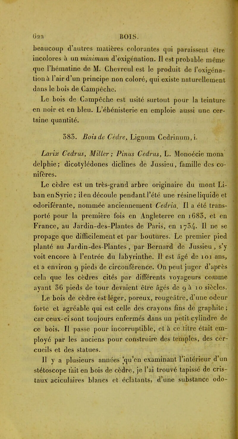 022 BOIS. beaucoup d'autres matières colorantes qui paraissent être incolores h un minimum d'oxigénation. Il est probable même que l'hématine de M. Chevrcul est le produit de i'oxigéna- tionà l'air d'un principe non coloré, qui existe naturellement dans le bois de Campêchc. Le bois de Gampêche est usité surtout pour la teinture en noir et en bleu. L'ébénisterie en emploie aussi une cer- taine quantité. 383. Bois de Cèdre, Lignum Cedrinum,i. Larix Cedrus, Miller ; Pinus Cedrus, L. Monoécie mona delphie; dicotylédones diclines de Jussieu, famille des co- nifères. Le cèdre est un très-grand arbre originaire du mont Li- ban en Syrie ; il en découle pendant l'été une résine liquide et odoriférante, nommée anciennement Cedria. Il a été trans- porté pour la première fois en Angleterre en 1683, et en France, au Jardin-des-Plantes de Paris, en 1734. Il ne se propage que difficilement et par boutures. Le premier pied planté au Jardin-des Plantes , par Bernard de Jussieu, s'y voit encore à l'entrée du labyrinthe. Il est âgé de 101 ans, et a environ 9 pieds de circonférence. On peut juger d'après cela que les cèdres cités par différents voyageurs comme ayant 36 pieds de tour devaient être âgés de 9 à 10 siècles. Le bois de cèdre est léger, poreux, rougeâtre, d'une odeur forte et agréable qui est celle des crayons fins de graphite ; car ceux-ci sont toujours enfermés dans un petit cylindre de ce bois. Il passe pour incorruptible, et à ce litre était em- ployé par les anciens pour construire des temples, des cer- cueils et des statues. Il y a plusieurs années jqu'en examinant l'intérieur d'un stétoscope tait en bois de cèdre, je l'ai trouvé tapissé de cris- taux aciculaires blancs et éclatants, d'une substance odo-