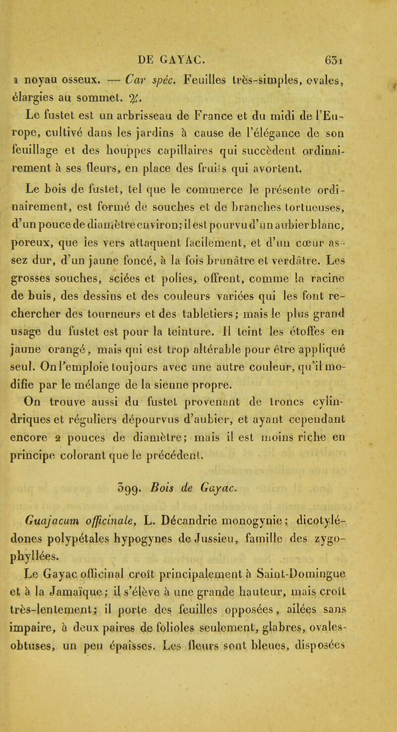 i noyau osseux. — Car spcc. Feuilles très-simples, ovales, élargies au sommet. %. Le fustet est un arbrisseau de France et du midi de l'Eu- rope, cultivé dans les jardins à cause de l'élégance de son feuilla ge et des houppes capillaires qui succèdent ordinai- rement à ses fleurs, en place des frai!s qui avortent. Le bois de fustet, tel que le commerce le présente ordi- nairement, est formé de souches et de branches tortueuses, d'un pouce de diamè tre environ ; il est po urvu d'un a ubier blanc, poreux, que les vers attaquent facilement, et d'un cœur as - sez dur, d'un jaune foncé, à la fois brunâtre et verdàtre. Les grosses souches, sciées et polies, offrent, comme la racine de buis, des dessins et des couleurs variées qui les font re- chercher des tourneurs et des tabletiers; mais le plus grand usage du fustet est pour la teinture. Il teint les étoffes en jaune orangé, mais qui est trop altérable pour être appliqué seul. On l'emploie toujours avec une autre couleur, qu'il mo- difie par le mélange de la sienne propre. On trouve aussi du fustet provenant de troncs cylin- driques et réguliers dépourvus d'aubier, et ayant cependant encore 2 pouces de diamètre; mais il est inoins riche en principe colorant que le précédent. 099. Bois de Gayac. Guajacum officinale, L. Décandrie monogynie ; dicotylé- dones polypétales hypogynes deJussieu, famille des zygo- phy liées. Le Gayac officinal croît principalement à Saint-Domingue et à la Jamaïque; il s'élève a une grande hauteur, mais croit très-lentement; il porte des feuilles opposées, ailées sans impaire, à deux paires de folioles seulement, glabres, ovales- obtuses, un peu épaisses. Les fleurs sont bleues, disposées