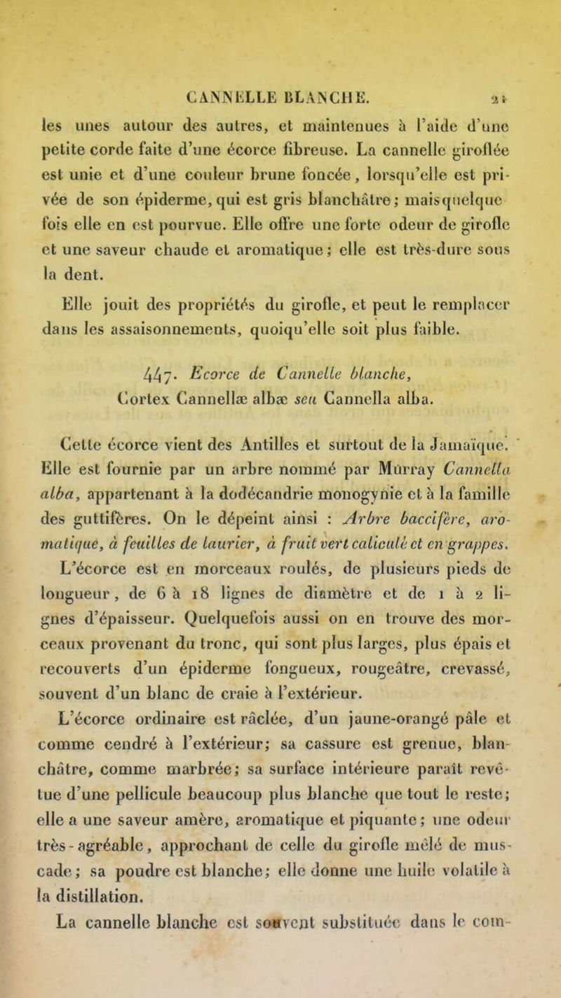 CANNELLE BLANCHE. 2» les unes autour des autres, et maintenues à l'aide d'une petite corde faite d'une écorce fibreuse. La cannelle giroilée est unie et d'une couleur brune foncée, lorsqu'elle est pri- vée de son épiderme, qui est gris blanchâtre; maisqiiclquc fois elle en est pourvue. Elle oftVe une forte odeur de girofle et une saveur chaude et aromatique ; elle est très-dure sous la dent. Elle jouit des propriétés du girofle, et peut le remplacer dans les assaisonnements, quoiqu'elle soit plus faible. 4^7' Ecorce de Cannelle blanche. Cortex Cannellae albaî seii Cannclla alba. Cette écorce vient des Antilles et surtout de la Jamaïque. Elle est fournie par un arbre nommé par Mùrray Cannella alba, appartenant h la dodécandrie monogynie et à la famille des guttiféres. On le dépeint ainsi : Arbre baccifere, aro- matique, à fetdlles de laurier, à fruit vert calicidè et en grappes. L'écorce est en morceaux roulés, de plusieurs pieds de longueur, de 6 à i8 lignes de diamètre et de i à 2 li- gnes d'épaisseur. Quelquefois aussi on en trouve des mor- ceaux provenant du tronc, qui sont plus larges, plus épais et recouverts d'un épiderme fongueux, rougeâtre, crevassé, souvent d'un blanc de craie à l'extérieur. L'écorce ordinaire est raclée, d'un jaune-orangé pâle et comme cendré à l'extérieur; sa cassure est grenue, blan- châtre, comme marbrée; sa surface intérieure paraît revê- tue d'une pellicule beaucoup plus blanche que tout le reste; elle a une saveur araère, aromatique et piquante; une odeur très - agréable, approchant de celle du girofle mêlé de mus- cade ; sa poudre est blanche ; elle donne une huile volatile à la distillation. La cannelle blanche est SG«vcj3t substituée dans le com-