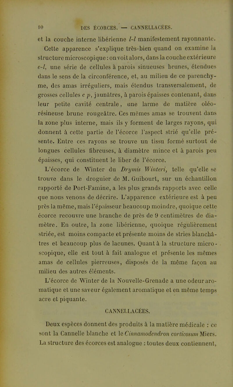 et la couche interne libérienne l-l manifestement rayonnante. Cette apparence s’explique très-bien quand on examine la structure microscopique : on voit alors, dans la couche extéideure e-l, une série de cellules à parois sinueuses brunes, étendues dans le sens de la circonférence, et, au milieu de ce parenchy- me, des amas irréguliers, mais étendus transversalement, de grosses cellules c p, jaunâtres, à parois épaisses contenant, dans leur petite cavité centrale, une larme de matière oléo- résineuse brune rougeâtre. Ces mômes amas se trouvent dans la zone plus interne, mais ils y forment de larges rayons, qui donnent à cette partie de l’écorce l’aspect strié qu’elle pré- sente. Entre ces rayons se trouve un tissu formé surtout de longues cellules fibreuses, à diamètre mince et à parois peu épaisses, qui constituent le liber de l’écorce. L’écorce de Winter du Drymis MHntei'i, telle qu’elle se trouve dans le droguier de M. Guibourt, sur un échantillon rapporté de Port-Famine, a les plus grands rapports avec celle que nous venons de décrire. L’apparence extérieure est à peu près la même, mais l’épaisseur beaucoup moindre, quoique cette écorce recouvre une branche de près de 9 centimètres de dia- mètre. En outre, la zone libérienne, quoique régulièrement striée, est moins compacte et présente moins de stries blanchâ- tres et beaucoup plus de lacunes. Quant â la structure micro- scopique, elle est tout à fait analogue et présente les mêmes amas de cellules pierreuses, disposés de la même façon au milieu des autres éléments. L’écorce de Winter de la Nouvelle-Grenade a une odeur aro- matique et une saveur également aromatique et en même temps acre et piquante. CANNELLACÉES. Deux espèces donnent des produits à la matière médicale : ce sont la Cannelle blanche et \e, Cinnamodendron corlicosum Miers. La structure des écorces est analogue : toutes deux contiennent.