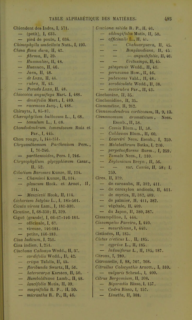 Chiendent des Indes, I, 671. — (petit), I, 633. — pied de poule, I, 634. Chimophylla umbel/ala Nutt., I, 193. China flava dura, II, 42. — fibrosa, II, 39. — Huamalies, II, 48. — Huanuco, II, 46. — Jaen, II, 48. — de Loxa, II, 44. — rubra, II, 43. — Pseudo Loxa,\\, Chiococca anguifuga Mart. I, 488. — densi/'olia Mart., I, 489. — racemosa Jacq., I, 488. Ghirayta, I, 85-87. Chcerophyllum bulbosum L., I, 68. — temulum L., I, 68. Chondodendrum tumentosum Ruiz et Pav., I, 445. Chou rouge, 1, 144-161. Chrysanthemum Parthenium Pers., I, 76-246. — parthenioides, Pers. I, 246. Chrysophyllum glycyphlœum Gasar., U, 52. Cibotium Rarowez Kunze, II, 114. — Chamisoi Kunze, II, 114. — glaucum Hook. et Arnot, II, 114. — Menziezii Hook, II, 114. Cichorium Intybus L., l, 185-501. Cicula virosa Lam., I, 181-330. Cicutine, I, 68-330; II, 329. Ciguë (grande), I, 66-07-146-181. — officinale, I, 67. — vireuse, 146-181. — petite, 146-183. Cina Indieum, I, 251. Cina indien, 1, 261. Cinchona Calisaya Wedd., II, 37. — cordifolia Wedd., Il, 42. — crispa Tafalla, II, 45. — floribunda Swartz, II, 51. — heterocarpa Karsten, II, 60. — Humboldtiana Lamb., II, 48. — lancifolia Mutis, II, 39. — magnifolia R. P., H, 50. — micranlha R. P., II, 46. Cmckona nilida R. P., II, 46. — oblongifolia Mutis, II, 50. — officinalii L., II, 4i. — — Chahuarguera, II, 45. — — Bonplandiana, II, 45. — — — angustifolia, II, 46. — — Uritusinga, II, 45. — pitayensis Wedd., II, 41. — peruviana Ilow., Il, iG. — pubescens Vahl., II, 48. — scrobiculata Wedd., Il, 38. — succirubra Pav., II, 43. Cinchonine, II, 35. Cinchonidine, II, 35. Cinnaméine, II, 262. Cinnamodendron corticosum, II, 9, 13. Cinnamomum aromaticum , Nees. Esenb., II, 58. — Cassia Blum., II, 58. — Culdawan Blum., II, 60. — Loureiri iNees. Esenb., I, 259. — Malabathrum Batka, I, 210. — perpetuoflorens Burm., I, 269. — Tamala Nees., I, 210. — Zeylanicum Breyn , II, 56. — — var. Cassia, II, 58; I, 259. Cires, II, 379. — de carnauba, II, 382, 411. — de ceroxylon andicola, II, 411. — de myrica, II, 382, 409. — de palmier, II, 411, 382. — végétale, II, 409. — du Japon, II, 380, 387. Cissampéline, I, 444. Cissumpe/os Pareira, I, 440. — mauritiana, I, 440. Cistinées, II, 185. Cistus crelicush., II, 185. — cyprins L., II, 185. — ladaniferus L., II, 185, 187. Citrons, I, 280. Citronnelle, I, 88, 207, 208. Citrullus Colocynthis Arnott., I, 310. — vulgaris Schrad., 1, 400. Citrus Bergamium, II, 308. — Bf^ararfia Risso, 1, 157. — Cedra Risso, I, 157. — Limetta, H, 308.