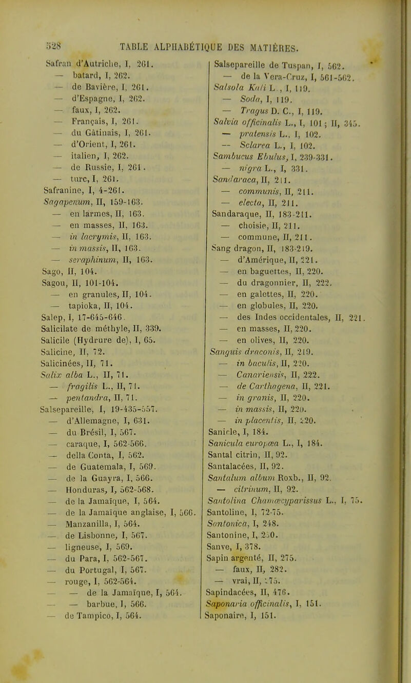 Safran d’Autriclio, 1, — batarcl, I, 2(l’2. — de Bavière, 1, 2Gl. — d’Espagne, I, 2(!2. — faux, I, 2G2. — Français, I, 2GI. — du Gàtinais, I, 2G1. — d’Orient, I, 2G1. — italien, I, 2G2. — de Russie, I, 2G1. — turc, I, 2Gl. Safranino, I, 4-2GI. Sngapcnutn, II, 159-1G3. — en larmes, II, 1G3. — en masses, II, 163. — ùi lact'ymis, II, 1G3. — inmassù, II, 1G3. — seraphinum, II, 1G3. Sage, II, 104. Sagou, II, 101-104. — en granules, II, 104. — tapioka, II, 104. Salep, I, 17-G45-646. Salicilate de méthyle, II, 330. Salicile (Hydrure de), I, G5. Salicine, II, 2. Salicinées, II, 71. Sulix alba L., II, 71. — fragilis L., II, 71. — pentandra,Tl,l\.. Salsepareille, I, 19-435-557. — d’Allemagne, I, 631. — du Brésil, I, 567. — caraque, I, 562-5G6. — délia Conta, I, 562. — de Guatemala, I, 569. — de la Guayra, I, 566. — Honduras, I, 562-568. — de la Jamaïque, I, 564. — de la Jamaïque anglaise, I, 566. — Manzanilla, I, 564. — de Lisbonne, I, 667. — ligneuse, I, 569. — du Para, I, 562-567. — du Portugal, I, 567. — rouge, 1, 562-564. — — de la Jamaïque, I, 564. — — barbue, I, 566. — do Tampico, I, 564. Salsepareille de Tmspan, I, 562. — de la Vera-Cruz, I, 561-562. Salsola Kfi/i L ., 1, 119. — Sot/«, 1,119. — Tragus D. C., J, UQ. Sa/via offidnalis L., I, 101 ; II, 345. — pralensis L., I, 102. — Sclarea L., I, 102. Sambucus Ebulus, I, 2-39-331. — nigra L., I, 331. Sandaraca,ll, 211. — communis, II, 211. — electa, II, 211. Sandaraque, II, 183-211. — choisie, II, 211. — commune, II, 211. Sang dragon, II, 183-219. — d’Amérique, II, 221. — en baguettes, II, 220. — du dragonnier, II, 222. — en galettes, II, 220. — en globules, II, 220. — des Indes occidentales, II, 221 — en masses, II, 220. — en olives, II, 220. Sanguis drnconis, II, 219. — in bacu/is, II, 220. — Ca7iariensii, II, 222. — de Carthagena, II, 221. — in granis, II, 220. — in massis, U, 22i). — in placenfis, II, î20. Sanide, I, 184. Sanicula europœa L., I, 184. Santal citrin, II, 92. Santalacées, II, 92. Santalum album Roxb., II, 92. — cib'inum, II, 92. Santolina Chamœcyparissus L., 1, 75. Santoline, I, 72-75. Sunlonica, I, 248. Santonine, I, 250. Sauve, I, 378. Sapin argenté, II, 275. — faux, II, 282. — vrai, II, :75. Sapindacées, II, 476. Saponaria offidnalis^ I, 151. Saponaire, I, 151. 201.