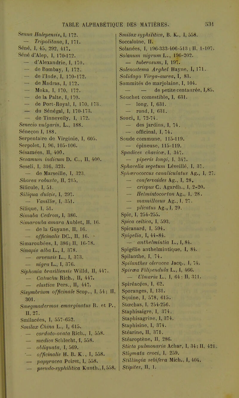 Senno Haiepensis, 1, 173. — T7'ipoHtana,l, \'i]. Séné, I, 45, 292, 417. Séné d’Alep, I, 170-172. — d’Alexandrie, I, 170. — de Bombay, I, 172. — de l’Inde, I, 170-173. — de Madras, 1, 172. — Moka, I, 170, 173. — de la Faite, I, 170. — de Port-Royal, I, 170. 172. — du Sénégal, I, 170-172. — de Tinnevelly, I, 173. Senecio vulgaris, L., 188. Séneçon I, 188. Serpenlaire de Virginie, I, 005. Serpolet, I, 90, 105-106. Sésamées, II, 400. Sesamum indicumD. G., II, 400. Seseli, I, 310, .323. — de Marseille, I, 323. Sho)'ea robusln, II, 215. Silicule, I, 51. Si/iqua dulcis, I, 297. — Vanillæ, I. 351. Silique, I, 51. Sùnaba Cedi'on, I, 380. Simarouha amara Aublet, II. 10. — delà Guyane, II, 10. — officinalis DG., II, 10. • Simaroubées, I, 386; II, 10-78. Sinapis albn L., I, 378. — arvensis L., I, 373. — «iÿra L., I, 370. Siphonia brasiliensis Willd, II, 447. — Cahuchu Rich., II, 447. — elustica Pers., II, 447. Sisymbidum officinale Scop., 1,54; II, 301. Smegmadermos emarginatus R. et P., II, 27. Smilacées, I, .557-652. Srnilax China L., I, 615. — coi'dato-ovala Rich., I, .558. — medica Schlecht, !, 558. — obliquata, I, .569. ■— officinalis H. B. K., I, .5.58. — pupyracea Poiret, I, .558. — pseudo-syphilitica Knnth., 1,558. Smilaxsyphilitica, B. K., 1,5.58. Soccaloïne, II. Solanées, I, 196-33.3-406-513 ; II. 1-107. Solanum nigrum L., 196-202. — tuberosum, I, 197. Solenostema Arghel Hayne, I, 171. Solidago Virga-aw'ea, I, 83. Sommités de marjolaine, I, 104. — — de petite centaurée, 1,85. Souchet comestible, I, 631. — long, I, 631. — rond, I, 631. Souci, I, 72-74. — des jardins, I, 74. — officinal, I, 74. Soude commune, 11.5-119. — épineuse, 115-119. Spadices chavicœ,l, 347. — piperis longi, I, 347. Sphacelia segetum Léveillé, I, 37. Sphœj'ococcus canaliculatus Ag., I, 27. — confervoides A g., I, 28. — crispus G. Agardb., I, 2-20. — Helmintocorton Ag., I, 28. — mamillosus Ag., I, 27. — plicatiis Ag., I, 29. Spic, I, 2.54-255. Spica celtica, I, 59-3. Spicanard, I, 594. Spigelia, I, 44-84. — ■ anthelmintia L., 1,84. Spigélie anthelmintique, I, 84. Spilanthe, I, 74. Spilanthes oleracea Jacq., I, 74. Spirœa Filipendula L., 1, 406. — Ulmaria L., I, 04 : II, 311. Spiréacées, I, 02. Sporanges, I, 131. Squine, I, 578, 615. Stœchas, I, 254-250. Staphisaigre, I, 374. Stapliisagrine, I, 374. Staphisine, I, 374. Stéarine, II, 371. Stéaroptène, II, 280. Sticta pulmonai'ia Acliar, I, 34; II, 421. Sliymata a'oci, I, 259. Stillingia sebifera Midi., 1, 404. Stipites, II, 1.