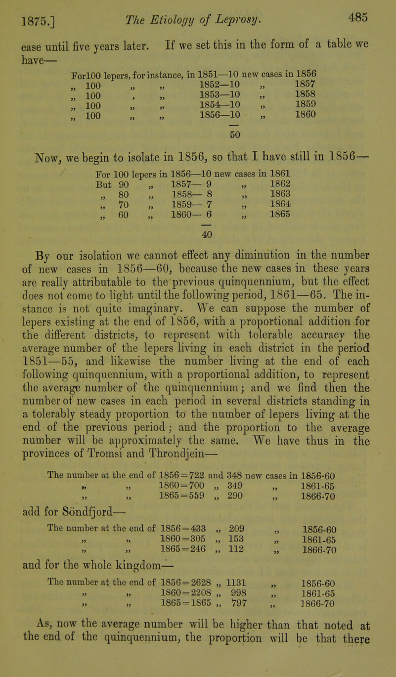 ease until five years later. If we set this in the form of a table we have— ForlOO lepers, for instance, in 1851—10 new cases in 1856 „ 100 „ 1852-10 „ 1857 „ 100 , „ 1853—10 „ 1858 „ 100 „ 1854-10 „ 1859 „ 100 „ 1856-10 „ 1860 50 Now, we begin to isolate in 1856, so that I have still in 1856— For 100 lepers in 1856—10 new cases in 1861 But 90 „ 1857— 9 „ 1862 „ 80 „ 1858— 8 „ 1863 „ 70 „ 1859— 7 „ 1864 „ 60 „ 1860— 6 „ 1865 40 By our isolation we cannot effect any diminution in the number of new cases in 1856—60, because the new cases in these years are really attributable to the previous quinquennium, but the effect does not come to light until the following period, 1861—65. The in- stance is not quite imaginary. We can suppose the number of lepers existing at the end of 1856, with a proportional addition for the different districts, to represent with tolerable accuracy the average number of the lepers living in each district in the period 1851—55, and likewise the number living at the end of each following quinquennium, with a proportional addition, to represent the average number of the quinquennium j and we find then the number of new cases in each period in several districts standing in a tolerably steady proportion to the number of lepers living at the end of the previous period; and the proportion to the average number will be approximately the same. We have thus in the provinces of Tromsi and Throndjein— The number at the end of 1856 = 722 and 348 new cases in 1856-60 1860 = 700 „ 349 „ 1861-65 1865 = 559 „ 290 „ 1866-70 add for Sondfjord— The number at the end of 1856 = 433 „ 209 „ 1856-60 1860 = 305 „ 153 „ 1861-65 1865 = 246 ,, 112 „ 1866-70 and for the whole kingdom— The number at the end of 1856 = 2628 „ 1131 „ 1856-60 1860 = 2208 „ 998 „ 1861-65 1865 = 1865 „ 797 „ 1866-70 As, now the average number will be higher than that noted at the end of the quinquennium, the proportion will be that theye