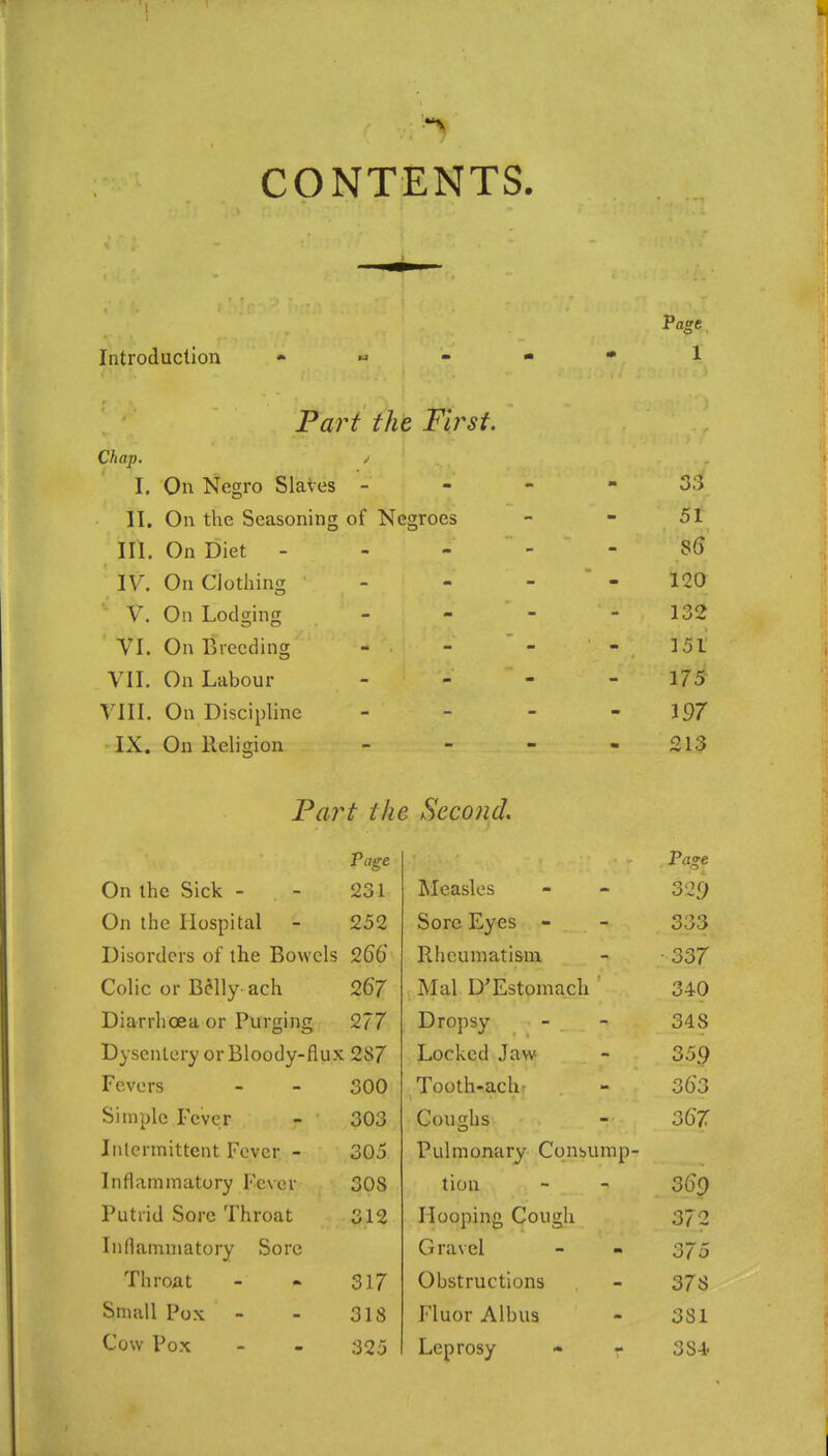 CONTENTS Page. Introduction . « - - • 1 Part the First. Chap. I. On Negro Slaves - - - - 33 II. On the Seasoning of Negroes - - 51 III. On Diet - 85 IV. On CJothing M « W 120 V. On Lodging   132 VI. On Breeding w M as 151 VII. On Labour 175 VIIL On Discipline 197 • IX. On Keligion «■ w M 213 Part the Second. Fage Page On the Sick - 231 Measles 329 On the Hospital 252 Sore Eyes - 333 Disorders of the Bowels 266 Rheumatism ■337 Colic or B^lly- ach 267 Mai D'Estomach ' 340 Diarrhoea or Purging 277 Dropsy 348 Dysentery or Bloody-fl ux 287 Locked Jaw 359 Fevers 300 Tooth-ach 363 Simple Fever 303 Coughs 367 Intermittent Fever - 305 Pulmonary Consump- Inflammatory Fever 308 tion 369 Putrid Sore Throat 312 Hooping Cough 372 iMflamniatory Sore Gravel 375 Throat 317 Obstructions 378 Small Pox 318 Fluor Albus 381 Cow Pox 325 Leprosy 384.