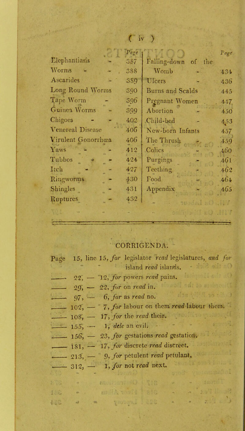 Elephantiasis - 357 Worms - - , 388 Ascaridcs - 3S.9 Long Round Worms 390 l^ape Worm - 396 Guinea Worms - 399 Chigoes - - 402 Venereal Disease  40G Virulent Gonorrhea 406 Yaws - - 412 Tubbos - - 424 Itch - _ - 427 Rinjiworms - 430 Shingles - 431 Ruptured - 432 Falling-down of ihe Womb 434 Ulcers 436 Burns and Scalds 445 Pregnant Women 417 Abortion 450 .Child-bed 4,53 New-born Infants 457 The Thrush 45.9 Colics 460 Puroin^s 461 Teething 462 Food 464 Appendix 465 CORRIGENDA. Page 15, line 15, ybr legislator rcflrf legislatures, and for island read islantls. . . 22, — 12, ybr powers rcflrf pains. . 29, — 22, for on read in. . 97, — 6, for as read no. , . 102, — 7)f(»' labour on them read labour ihcm. . lOS, — 17, for the read their. , L_ 155, —• 1>' dde an evil. . . 156, — 23, ybr gestations reai gestation. . iSi, — 17, /or discrete ;Tflrf discreet. . 213, — 9, /ar pctulent reoc? petulant, .—_ 3|Oj — I, for not read next.