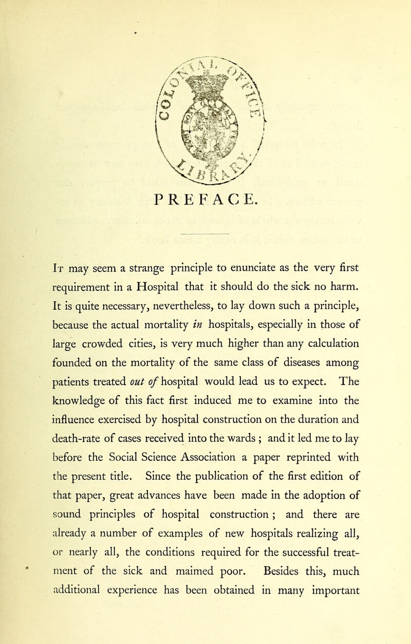 PREFACE. It may seem a strange principle to enunciate as the very first requirement in a Hospital that it should do the sick no harm. It is quite necessary, nevertheless, to lay down such a principle, because the actual mortality in hospitals, especially in those of large crowded cities, is very much higher than any calculation founded on the mortality of the same class of diseases among patients treated out o/ hospital would lead us to expect. The knowledge of this fact first induced me to examine into the influence exercised by hospital construction on the duration and death-rate of cases received into the wards ; and it led me to lay before the Social Science Association a paper reprinted with the present title. Since the publication of the first edition of that paper, great advances have been made in the adoption of sound principles of hospital construction; and there are already a number of examples of new hospitals reaHzing all, or nearly all, the conditions required for the successful treat- ment of the sick and maimed poor. Besides this, much additional experience has been obtained in many important