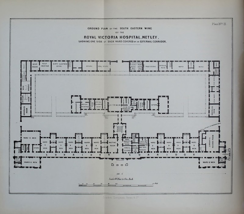 GROUND PLAN of the SOUTH EASTERN WINC OF THE ROYAL VICTORIA HOSPITAL.NETLEY. SHOWINGONE SIDE OF EACH WARD COVERED by AN EXTERNAL CORRIDOR.