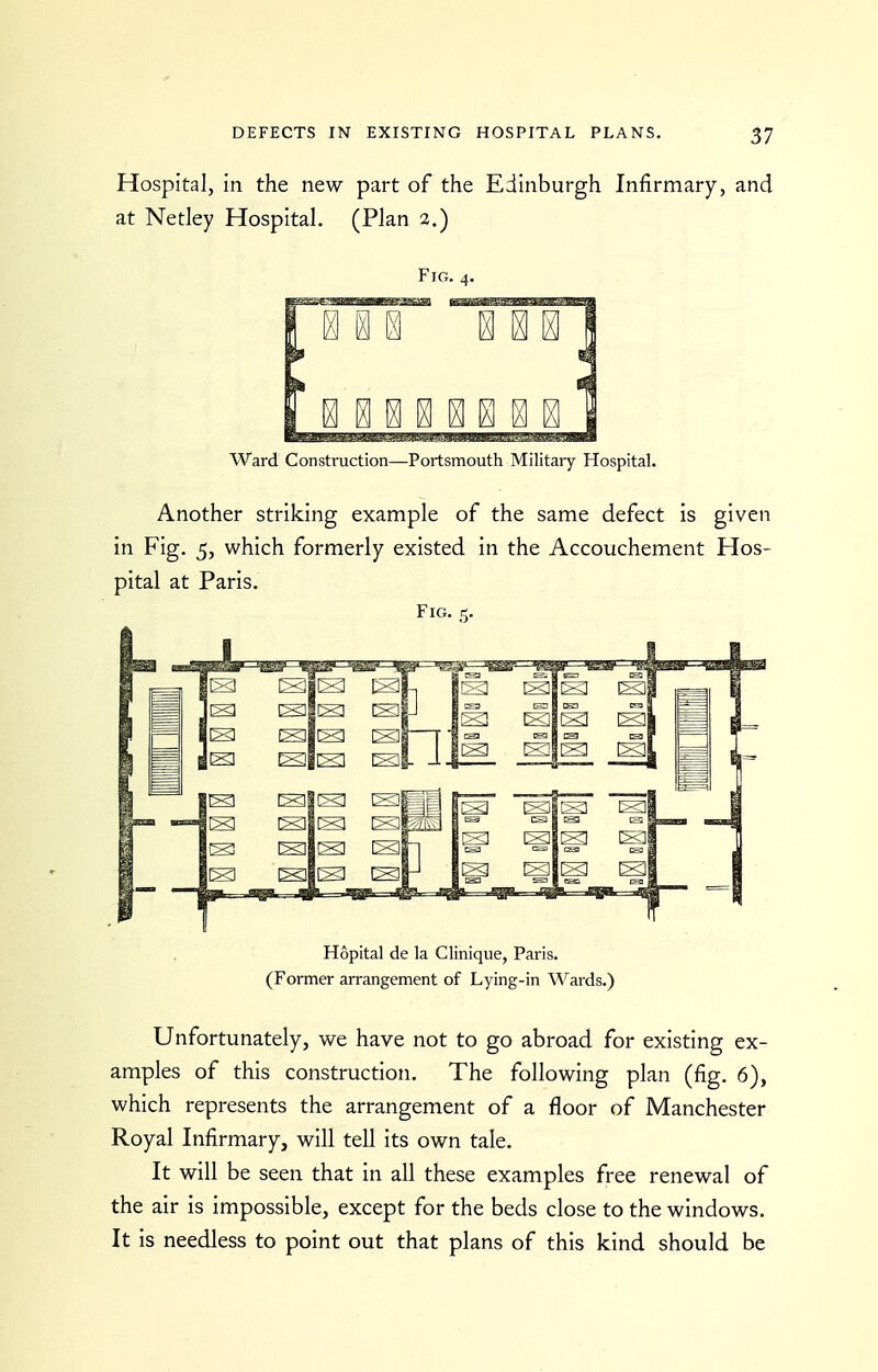 Hospital, in the new part of the Edinburgh Infirmary, and at Netley Hospital. (Plan 2.) Fig. Ward Construction—Portsmouth Military Hospital. Another striking example of the same defect is given in Fig. 5, which formerly existed in the Accouchement Hos- pital at Paris, Fig. 5. Hopital de la Clinique, Paris. (Former arrangement of Lying-in ^^^ards.) Unfortunately, we have not to go abroad for existing ex- amples of this construction. The following plan (fig. 6), which represents the arrangement of a floor of Manchester Royal Infirmary, will tell its own tale. It will be seen that in all these examples free renewal of the air is impossible, except for the beds close to the windows. It is needless to point out that plans of this kind should be