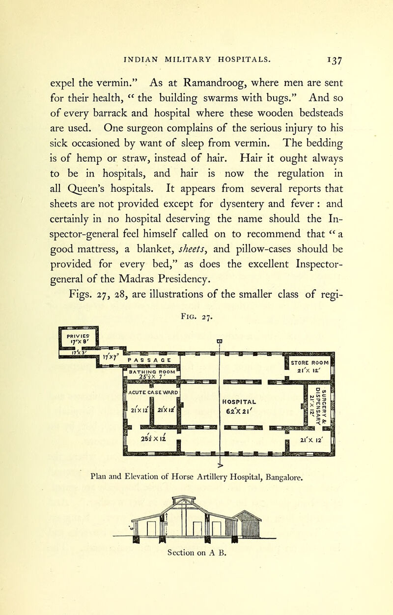 expel the vermin. As at Ramandroog, where men are sent for their health,  the building swarms with bugs. And so of every barrack and hospital where these wooden bedsteads are used. One surgeon complains of the serious injury to his sick occasioned by want of sleep from vermin. The bedding is of hemp or straw, instead of hair. Hair it ought always to be in hospitals, and hair is now the regulation in all Queen's hospitals. It appears from several reports that sheets are not provided except for dysentery and fever : and certainly in no hospital deserving the name should the In- spector-general feel himself called on to recommend that  a good mattress, a blanket, sheets, and pillow-cases should be provided for every bed, as does the excellent Inspector- general of the Madras Presidency. Figs. 27, 28, are illustrations of the smaller class of regi- FiG. 27. Plan and Elevation of Horse Artillery Hospital, Bangalore. Section on A B.