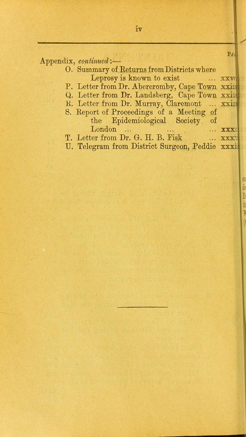 Appendix, continued 0. Summary of Eetums from Districts where Leprosy is known to exist ... xxv P. Letter from Dr. Abercromby, Cape Town xxii Q. Letter from Dr. Landsberg, Cape Town xxii K. Letter from Dr. Murray, Claremont ... xxh S. Eeport of Proceedings of a Meeting of tbe Epidemiological Society of London ... ... , ... xxxi T. Letter from Dr. G. H. B. Fisk ... xxx^ U. Telegram from District Surgeon, Peddie