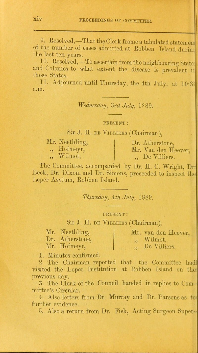 PROCEEDINGS OF COMMITTEE. 9. Eesolved,—That the Clerk frame a tabulated statemer: of the number of cases admitted at Eobben Island durin the last ten years. 10. Eesolved,—To ascertain from the neighbouring Sta1 and Colonies to what extent the disease is prevalent those States. 11. Adjourned until Thursday, the 4th July, at 10-3 a.m. Wednesday, %rd July, 1^89. PRESENT : Sir J. H. DE ViLLiERS (Chairman), Iilr. Eeethling, ,, Hofrneyr, ,, Wilmot, Dr. Atherstone, Mr. Van den Heever, ,, De Yilliers. The Committee, accompanied by Dr. H. C. Wright, Dr lieck, Dr. Dixon, and Dr. Simons, proceeded to inspect the Leper Asylum, Eobben Island. Thxirsday, 4th July, 1889. r RESENT : Sir J. H. DE ViLLiERs (Chairman), Mr. Neethling, Mr. van den Heever, Dr. Atherstone, ,, Wilmot. Mr. Hofrneyr, „ De Yilliers. 1. Minutes confirmed. 2 The Chairman reported that the Committee had visited the Lep(?r Institution at Eobben Island on the previous day. 5. The Clerk of the Council handed in replies to Com- mittee's Circular. L Also letters from Dr. Murray and Dr. Parsons as to further evidence.