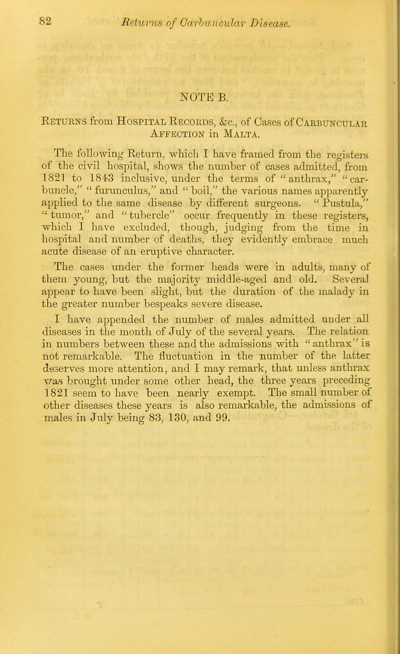 Returns of Garhuncular Disease. NOTE B. Returns from Hospital Recoiids, &c., of Cases of Carbuncular Affection in Malta. The following Return, which I have framed from the registei-s of the civil hospital, shows the number of eases admitted, from 1821 to 184;3 inclusive, under the terms of  anthrax, car- huncle,  furunculus, and  boil, the various names apparently applied to the same disease by different surgeons.  Pustula,  tumor, and  tubercle occur frequently in these registers, which I have excluded, though, judging from the time in hospital and number of deaths, they evidently embrace much acute disease of an eruptive character. The cases under the former heads were in adults, many of them young, but the majority middle-aged and old. Several appear to have been slight, but the duration of the malady in the greater number bespeaks severe disease. I have appended the number of males admitted under all diseases in the month of Jidy of the several years. The relation in numbers between these and the admissions with  anthrax is not remarkable. The fluctuation in the number of the latter deserves more attention, and I may remark, that tmless anthrax v/as brought under some other head, the three years preceding 1821 seem to have been nearly exempt. The small number of other diseases these years is also remarkable, the admissions of males in July being 83, 130, and 99.