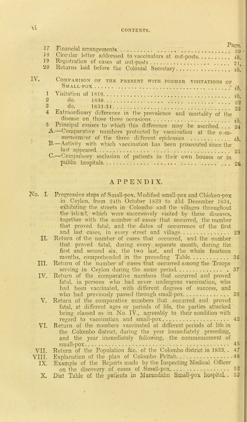 CONTENTS. 17 Financial arranf^ements ^^^o'' 18 Circular letter addressed to vaccinators at out-posts * ib. 19 Registration of cases at oiit-posts ' o{ '20 Returns laid before the Colonial Secretary '. .*.'. , 'ib. i\. comvariso^r of the present with former visitations of Small-pox ■ 1 Visitation of 1819 ,t 2 do. 1830 22 3 do. 1833-31 23 4 Extraordinary difference in the prevalence and mortality of the disease on those three occasions {b. 5 Principal causes to which this difference may be ascribed. ... 24 A. —Comparative numbers protected by vaccination at the c >m- mencem?nt of the three different epidemics ib, B. —Activity with which vaccination has been prosecuted since the last appeared : 25 C. —Compulsory seclusion of patients in their own houses or in public hospitals 2S APPENDIX. No. I. Progressive steps of Small-pox, Modified small-pox and Chicken-pox in Ceylon, from '24th October 1833 to •23d December 1834, exhibitina; the streets in Colombo and the villages throusfhout the islf.n1, which were successively visited by these diseases, together with the number of cases that occurred, the number that proved fatal, and the dates of occurrence of the first and last cases, in every street and village 29 II. Return of the number of cases that occuiTcd, and the number that proved fatal, during every separate month, during the first and second six, the two last, and the whole fourteen months, comprehended in the preceding Table 36 III. Return of the number of cases that occurred among the Troops serving in Ceylon during the same period 37 IV. Return of the comparative numbers that occurred and proved fatal, in persons who had never undergone vaccination, who had been vaccinated, with different degrees of success, and who had previously passed through smail-pox 38 V. Return of the comparative numbers that occurred and proved fatal, at different ages or periods of life, the parties attacked being classed as in No. IV., agieeably to their condition with regard to vaccination and small-pox 42 yi. Return of the numbers vaccinated at different periods of life in the Colombo district, during the year immediately preceding, and the year immediately following, the commencement of small-pox 45 VII. Return of the Population &c. of the Colombo district in 1833. . 47 VIII. Explanation of the plan of Colombo Pettah 48 IX. Example of the Reports made by the Inspecting Medical Officer on the discovery of cases of Small-pox 52 X. Diet Table of the patients in Marandahn Small-pox liospilaL. 53